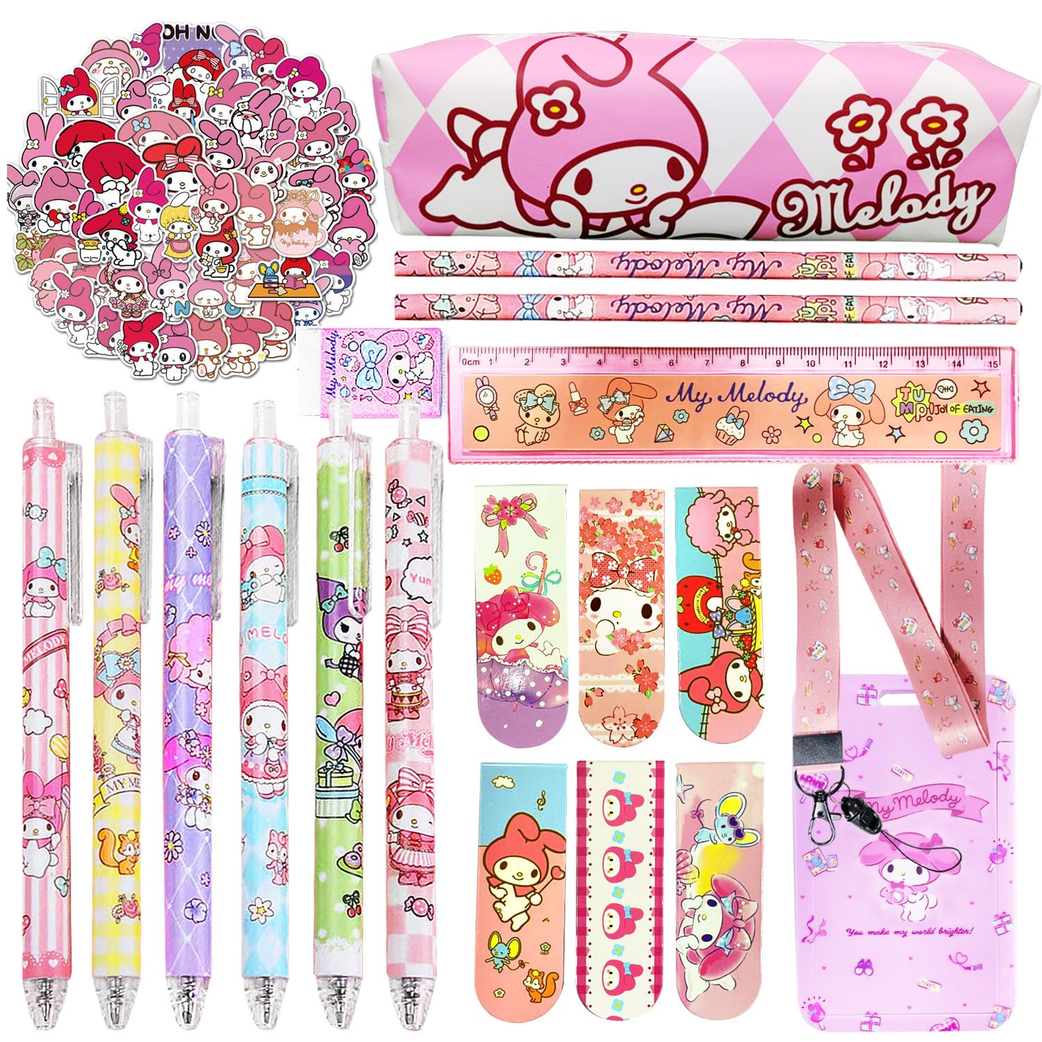 Suministros Escolares Kawaii, Juego de Regalo Bonitos, incluye Estuche Lápices, Pegatinas, Bolígrafo de Gel, Regla, Lápiz, Borrador, Cordón con Soporte para Tarjeta de id, para Niñas y Niños