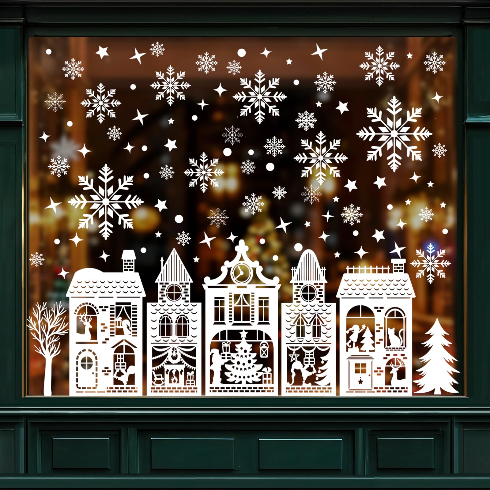 Shatoo White Christmas Window Stickers Large Reusable, 184Pcs Xmas Window Stickers Double Sided, Merry Christmas Window Clings Decals For Shop Window Xmas Decorations With Winter House Snowflake