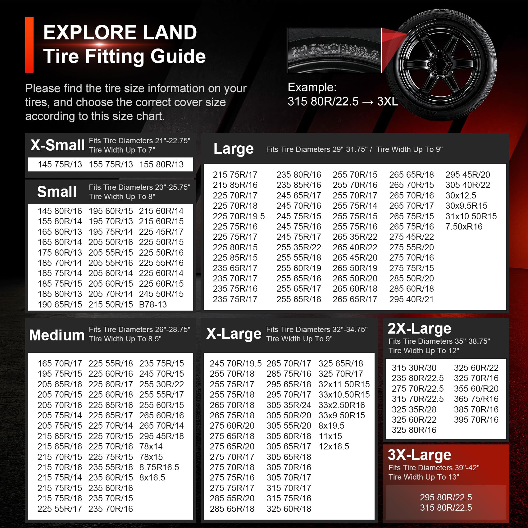 Explore Land - Copripneumatici per Jeep, camion, SUV, rimorchi, camper, protezione resistente per ruote, confezione da 4, universale, adatto a pneumatici di diametro 39”-42”, carbone