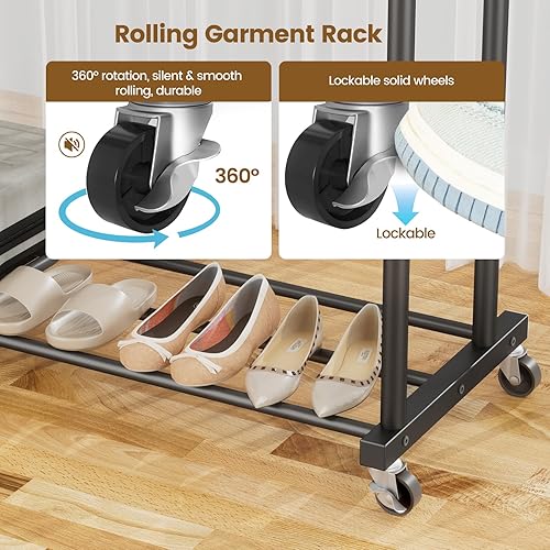 Miniatura 5 de Perchero de ropa resistente de 400 libras con ruedas, perchero rodante para ropa, perchero de doble barra, perchero de metal comercial para colgar