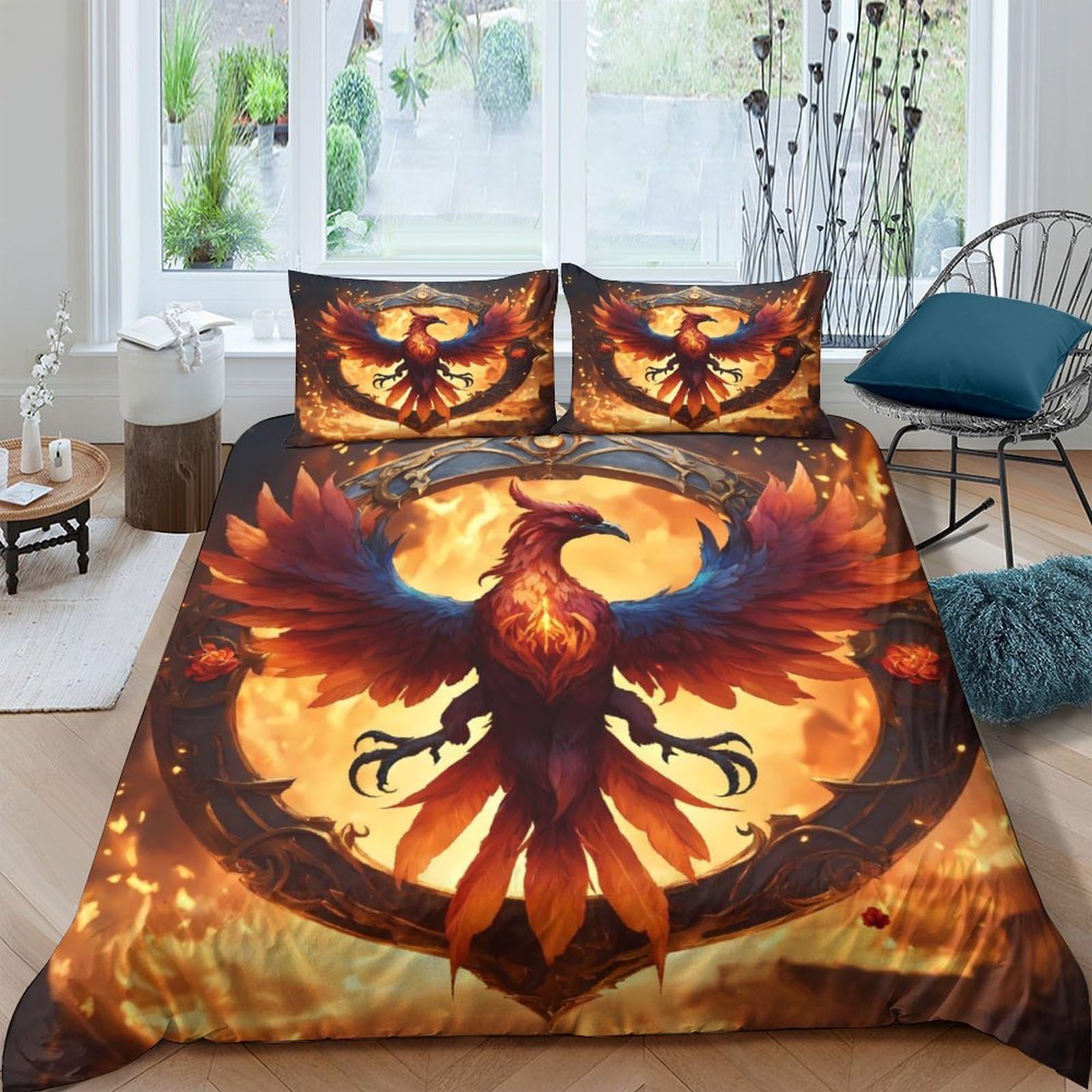 GPLZQXKJNH 3D Printed Phoenix Fire Duvet Cover Microfiber Soft Breathable Sun Flame Bedding Set with 2 Pillowcases for Bedroom Decoration Single（135x200cm）