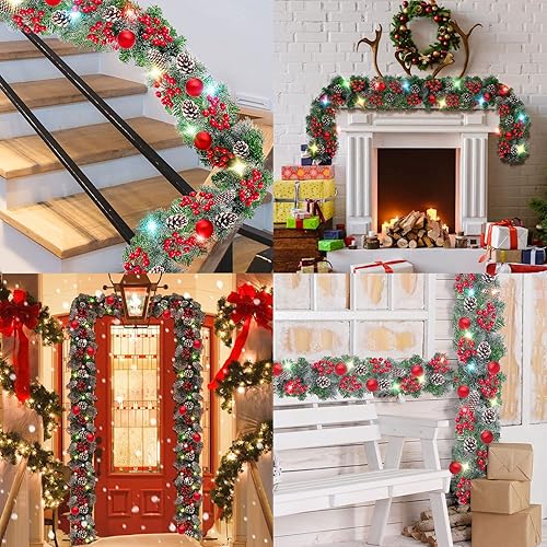 Miniatura 6 de 9 FT LED Christmas Garland with Pine Cones Red Berries Christmas Balls Pine Tips Artificial Christmas Garland with 50 Coloured Lights 8 Lighting