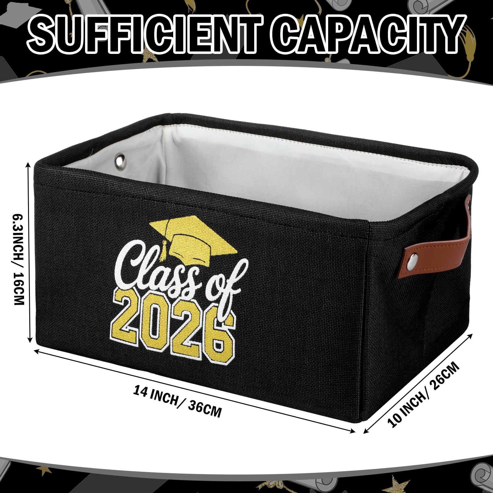 Graduation Gifts Basket Class of 2026 Storage Box with Handle Congrats Grad Gift Storage Basket for High School College Decor Party Favor Keepsake 14 x 10 x 6.3(Classic,Black and Gold)