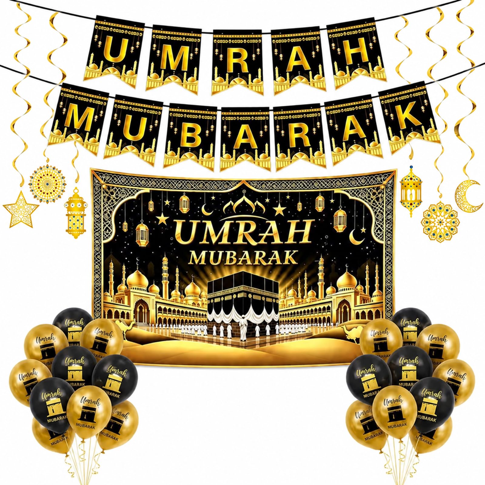 Umrah Mubarak Decoration Set 28pcs, Black Gold Party Balloons