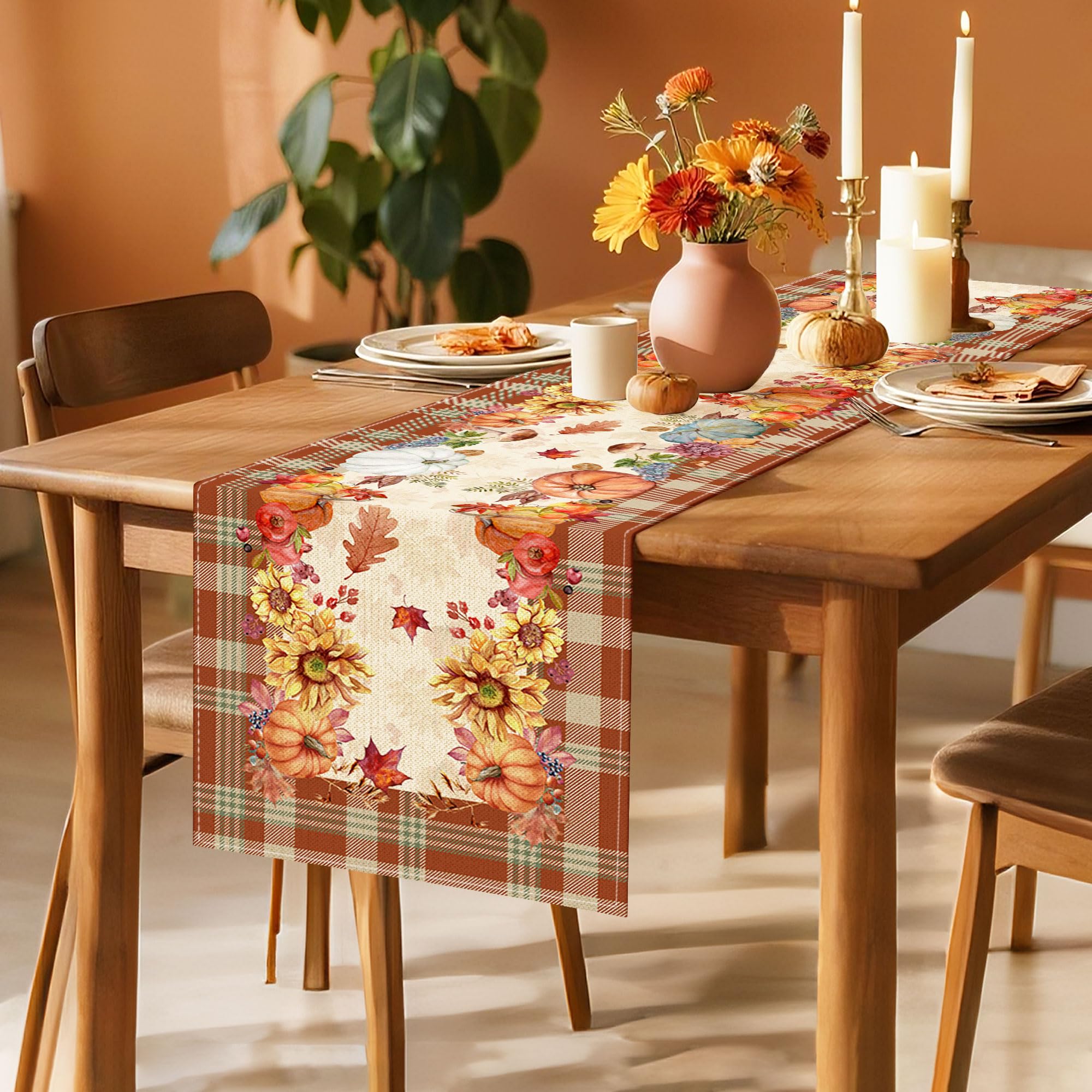 Camino de mesa de otoño de 72 pulgadas de largo x 13 pulgadas de arpillera de lino para decoración del hogar, cocina, calabaza, girasol, hojas, búfalo, cuadros, café, comedor, rústico, granja, rojo,