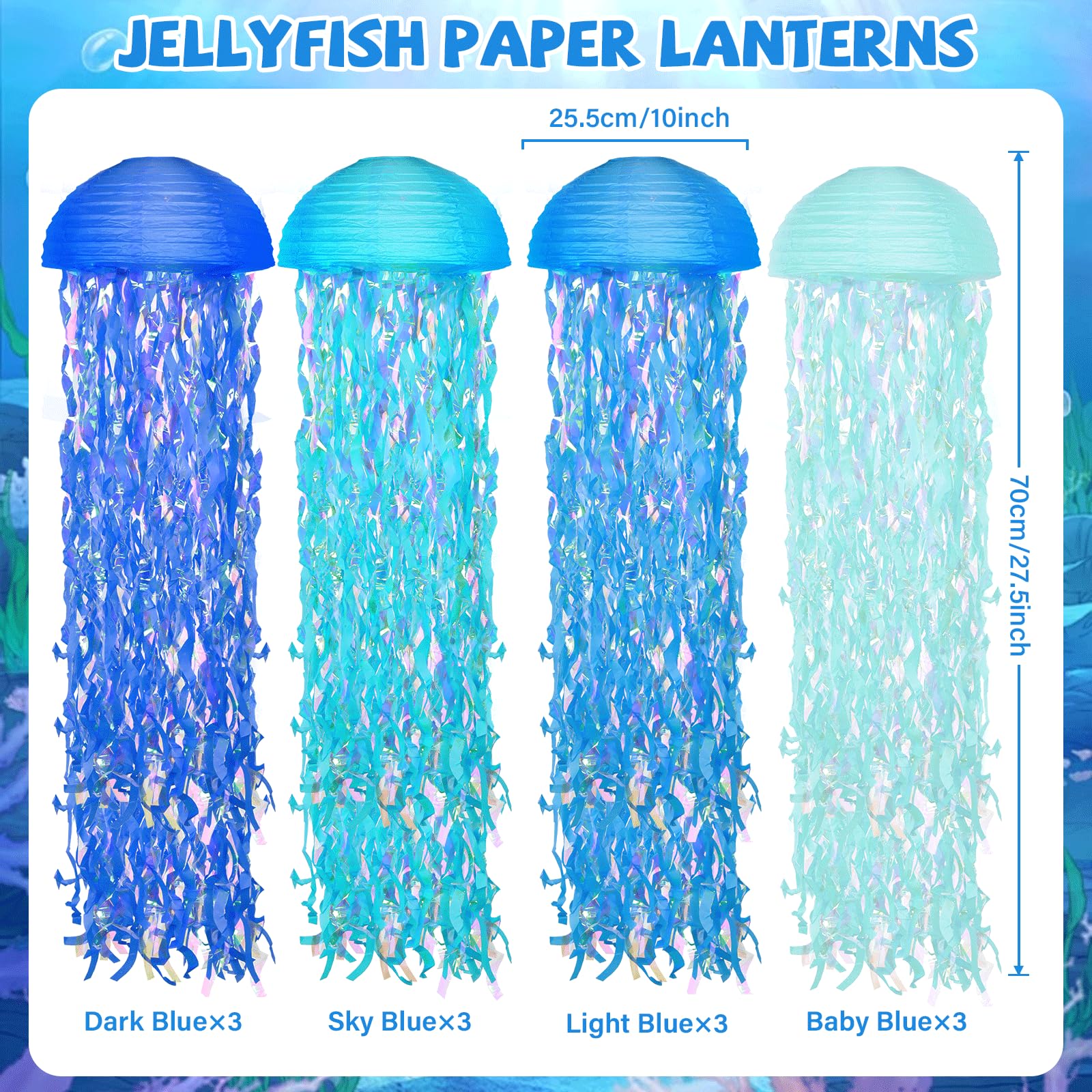 12 Set LED Jelly Fish Paper Lanterns with Lights Blue Hanging Jellyfish Party Decoration Under The Sea Light Up Paper Lantern Lamps for Ocean Mermaid Birthday Baby Shower Baby Room Party Supplies