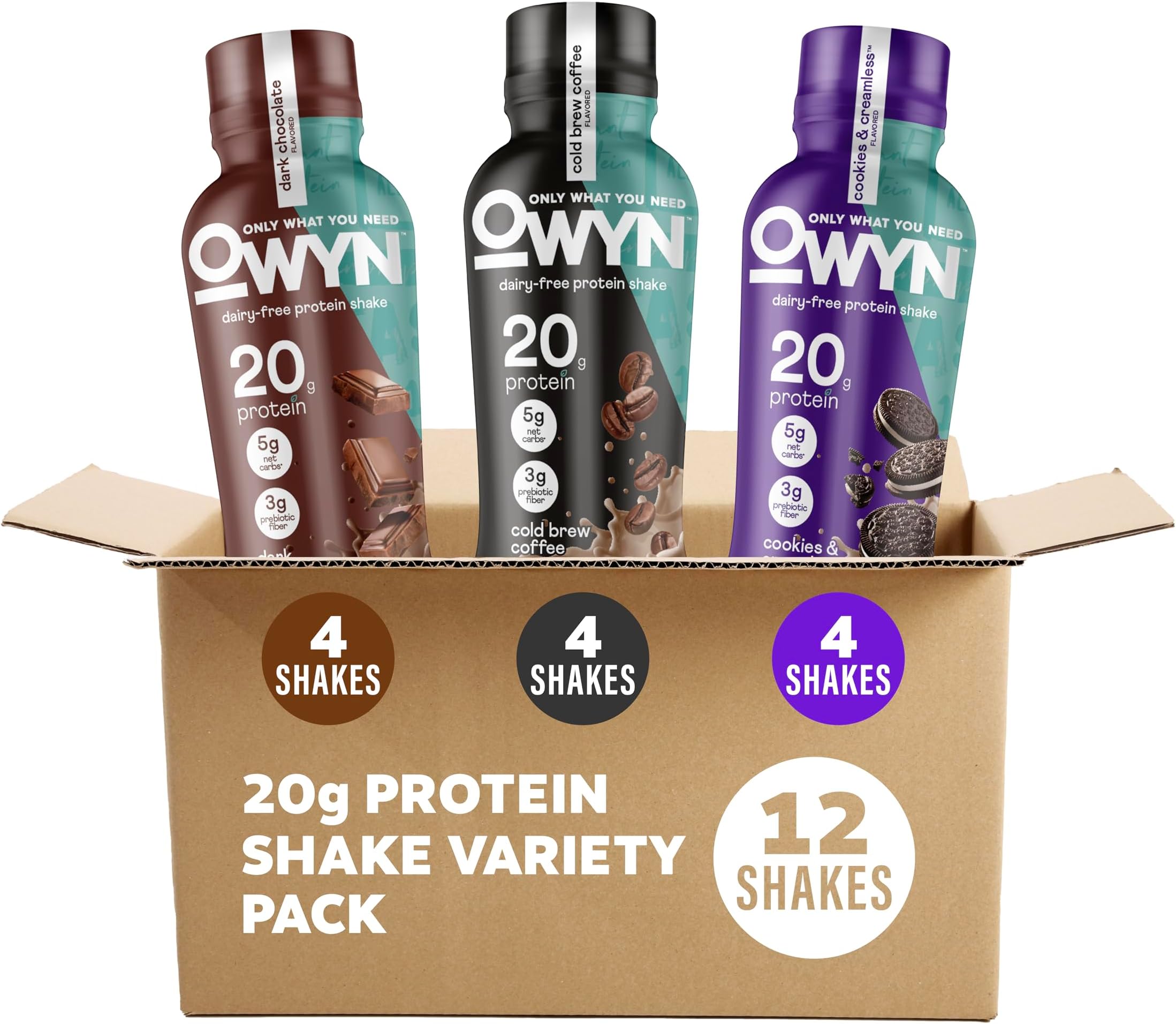 OWYN Only What You Need Protein Shake Variety Pack, Dark Chocolate, Cold Brew Coffee, Cookies and Creamless, 20g Protein, 4g Sugar, 3g Fiber, Dairy Free, Plant Based Protein Drink, 12 CT