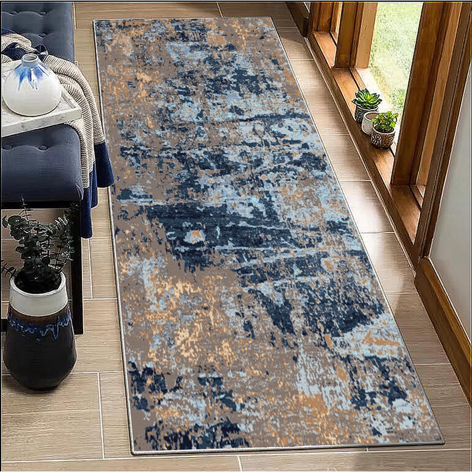 Tapis Couloir Brun/Noir Long 90x200cm - Tapis Cuisine Lavable Antidérapant Absorbant - Tapis de Passage Style Moderne Motifs Abstraits pour Salon, Chambre, Devant Évier, Bureau, Entrée