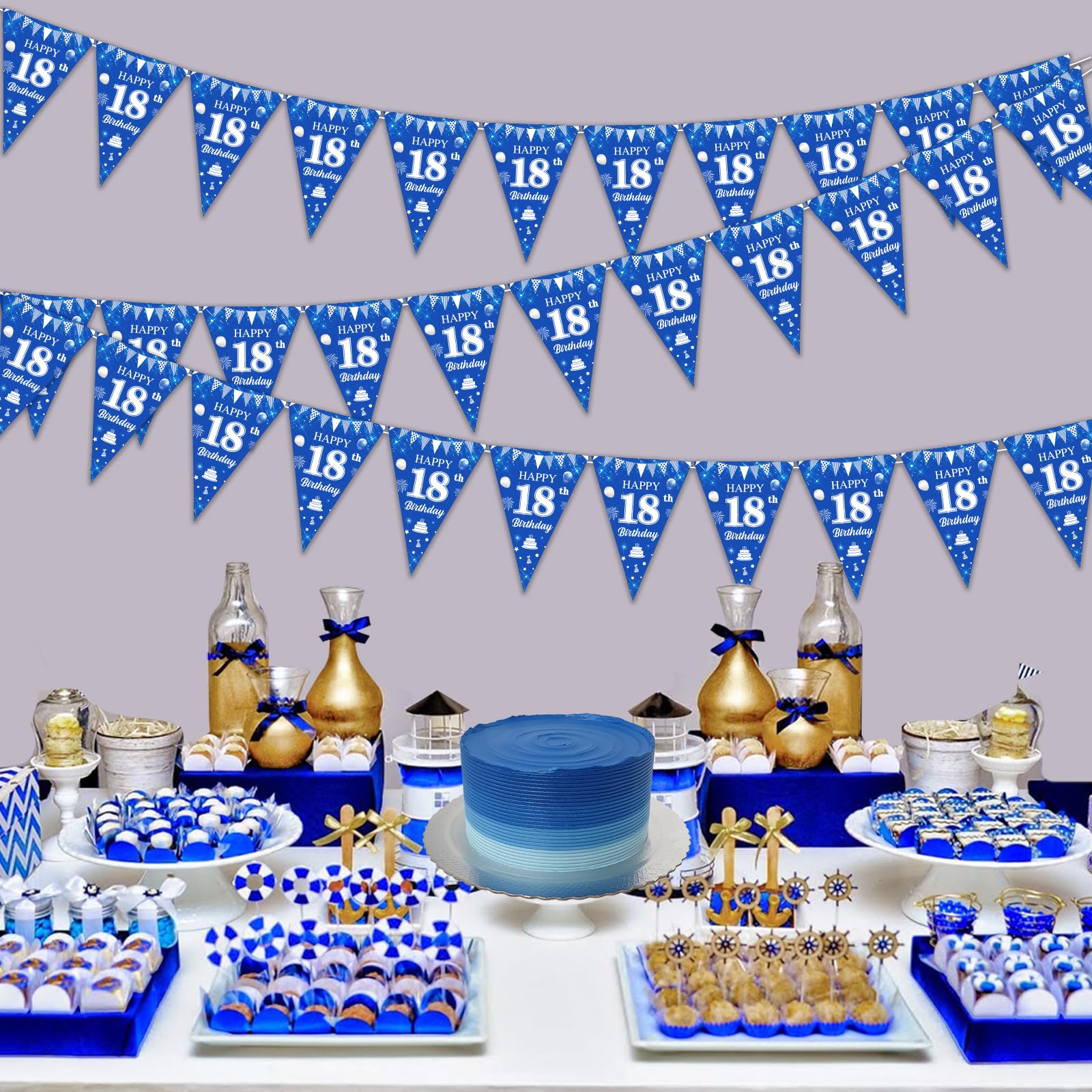 Decorazioni 18° Compleanno – Set Di 3 Striscioni A Bandierine Triangolari – Blu Navy E Oro – Pre-assemblati, Per Feste Di Ragazzi E Ragazze