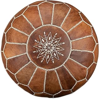 dar behja Pouf in pelle marocchina fatta a mano, imbottita, rotonda, Pouf Ottomane, colore marrone