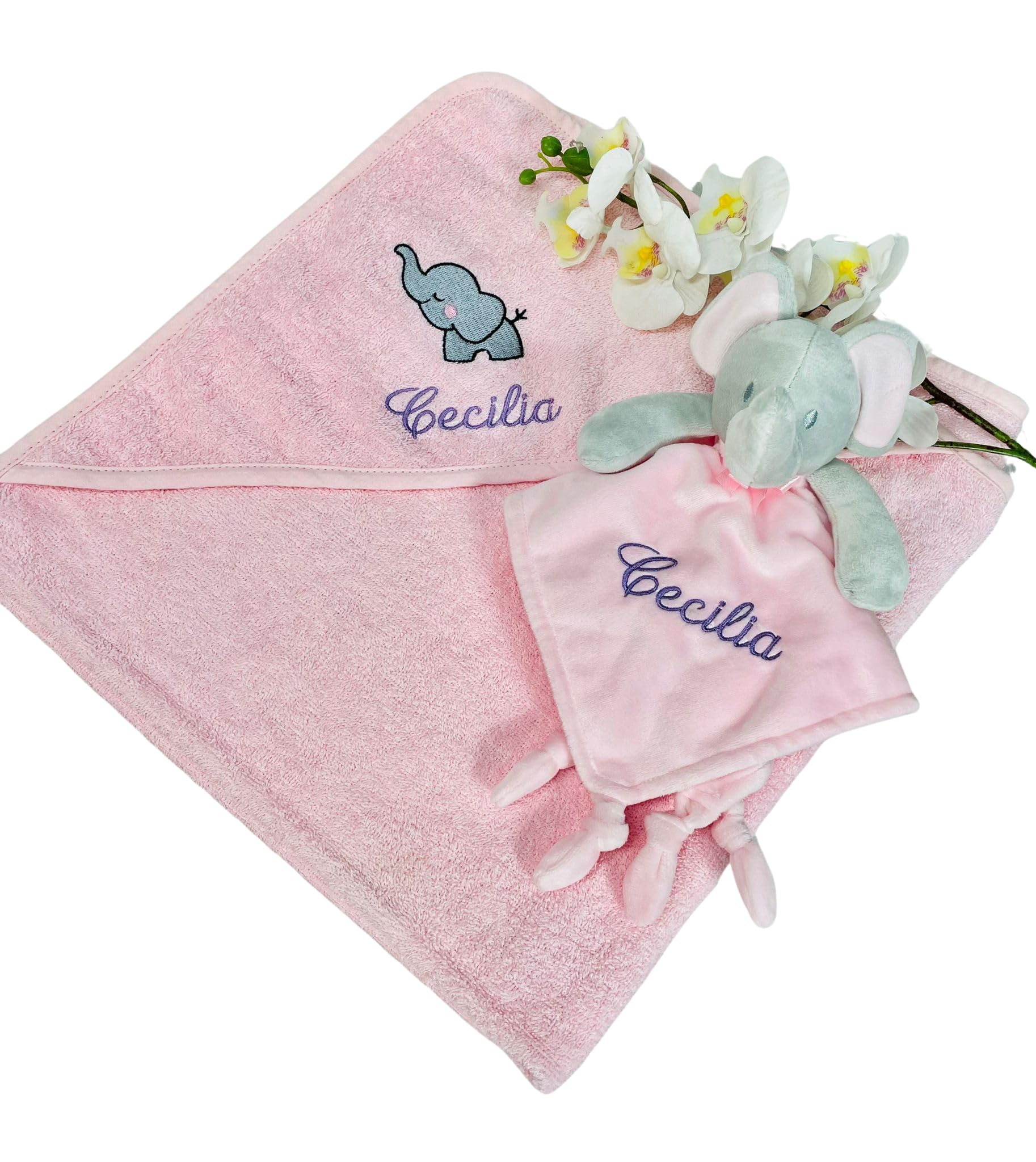 CrisArt Set nascita personalizzato asciugamano con cappuccio e doudou elefante, rosa o blu con ricamo del nome, idea regalo nascita battesimo Natale (rosa)