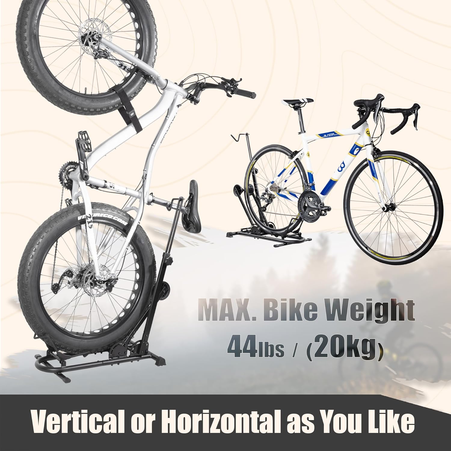 CyclingDeal Vertical Bike Stand - for Fat Bike Snow MTB Road Bikes with Max 5" Tire Width - Vertical & Horizontal Adjustable Bicycle Parking Rack with Seatpost Stabilizer - Wheel Sizes up to 29"