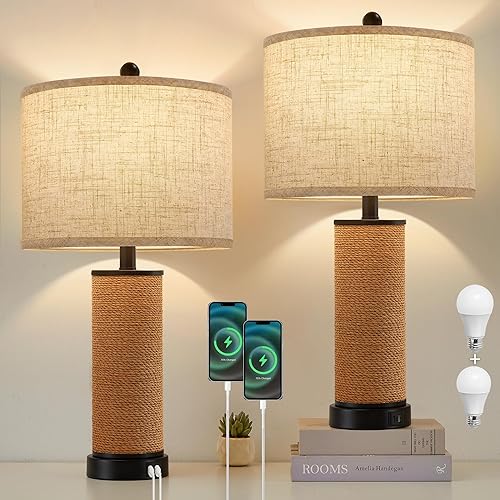 Miniatura 8 de GyroVu Juego de 2 lámparas de mesa de ratán boho, lámparas de mesa de noche para mesitas de noche, lámpara de mesa de ratán vintage estilo granja