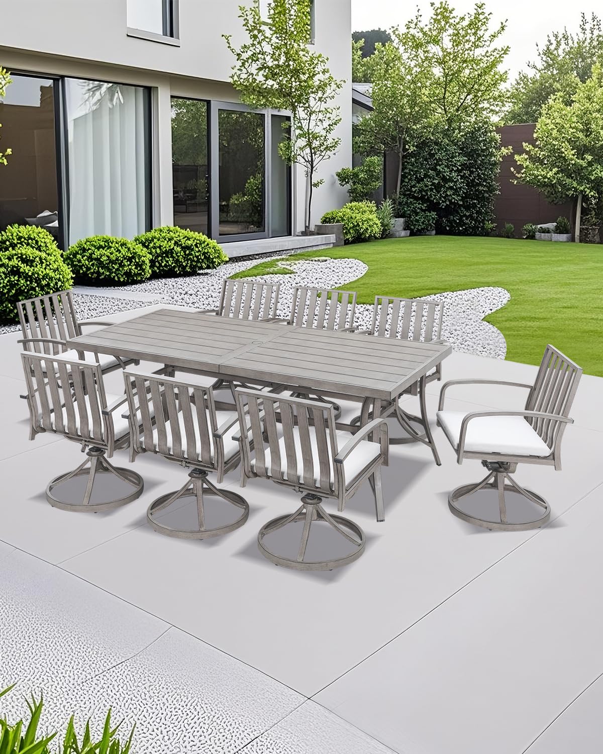 Juego de comedor al aire libre de 9 piezas, juego de comedor de aluminio de roble limado con sillas giratorias, juego de mesa y sillas de patio para todo tipo de clima para 8 personas con 5