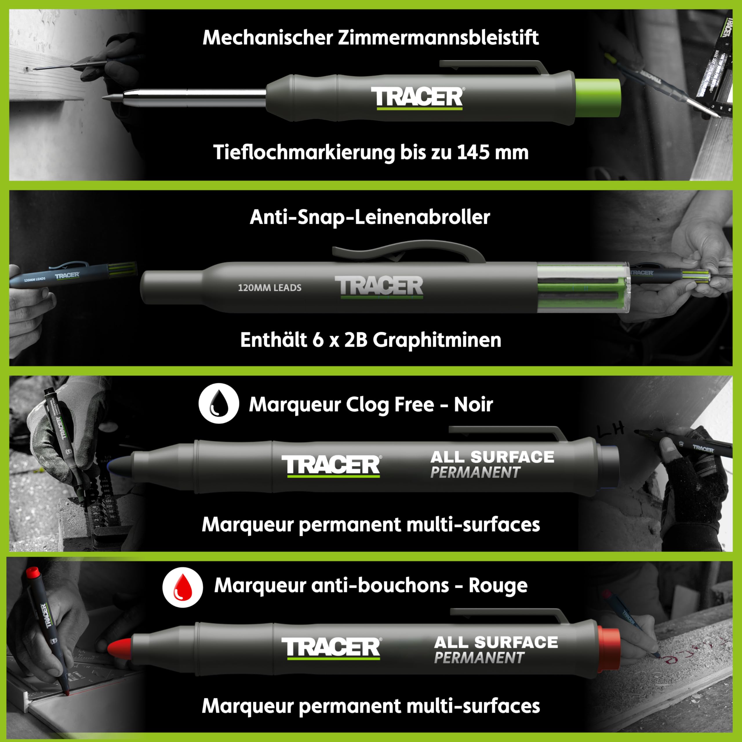 Tracer Markierungsset – Tiefloch-Baubleistift, 6 Ersatzminen & 2 verstopfungsfreie Konstruktionsmarker mit Holster
