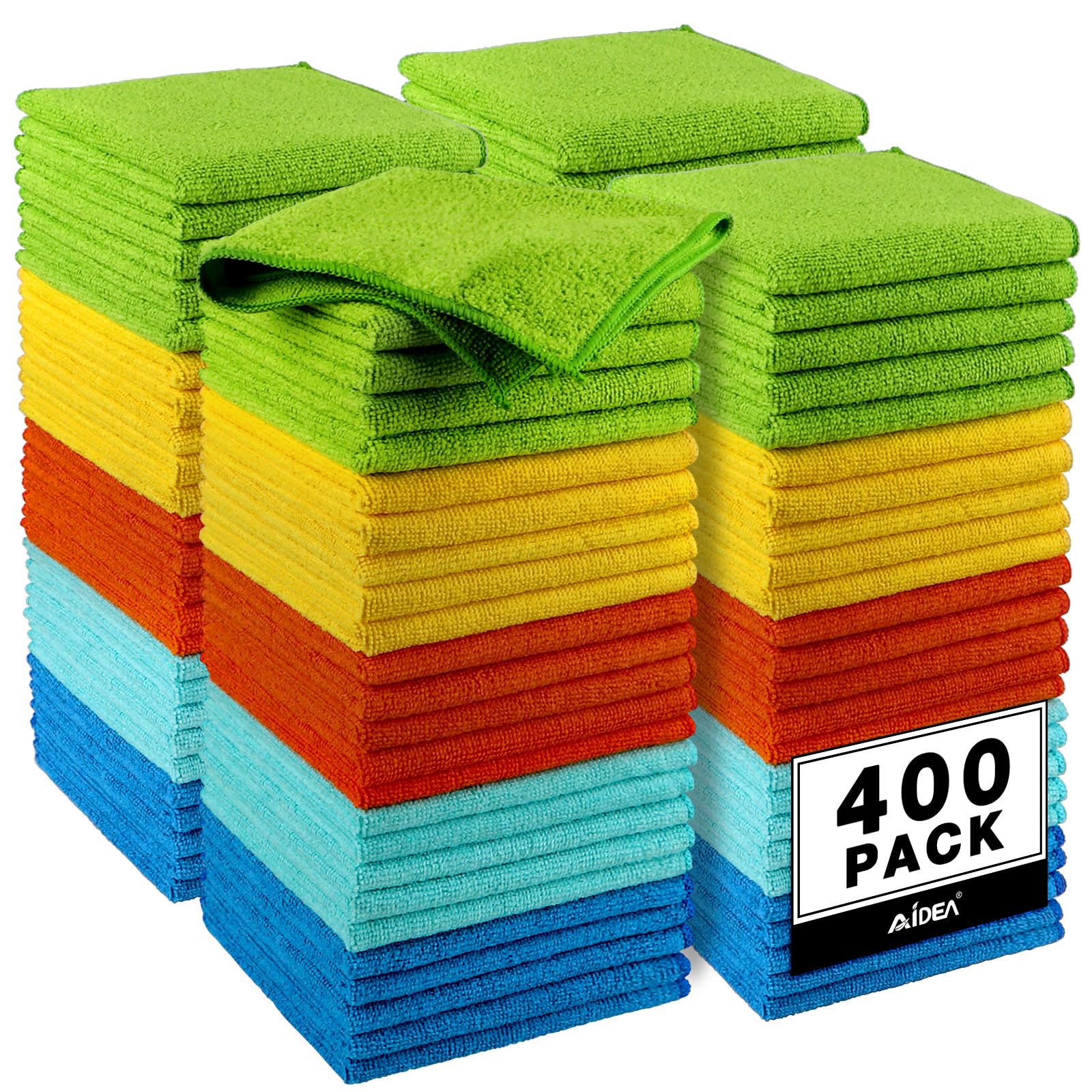 AIDEA Microfiber Cleaning Cloth, 400PK, Microfiber Towels for Cars, Shop Towels Cleaning Rags, Premium Wash Cloths, Absorbent Towel for SUVs, House, Kitchen, Window, Cleaning Supplies 12×12" Yellow Blue Green 400PK