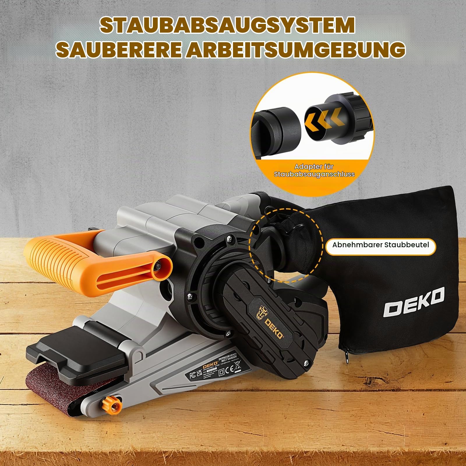 DEKOPRO 1010W Bandschleifer mit verstellbarer Geschwindigkeit 120-400m/min, Schleifmaschine für Holz mit verstellbarem Vordergriff Abdeckung, inkl. 10 Schleifbändern, Staubbeutel & 2 Metall-C-Klemmen