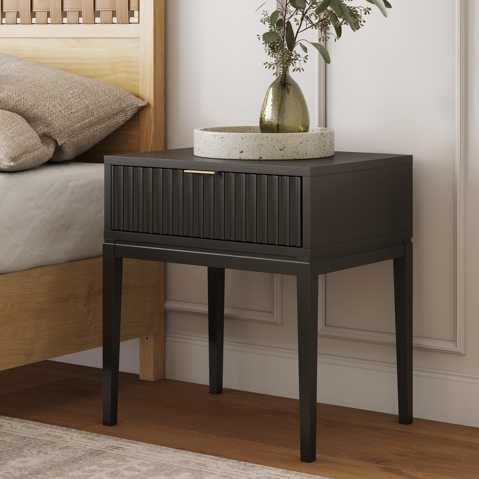 Jasper Boho Side Table, Solid Wood Bedroom Nightstand or Bedside Table with Drawer with Fluted Doors and Brass Handles, Black