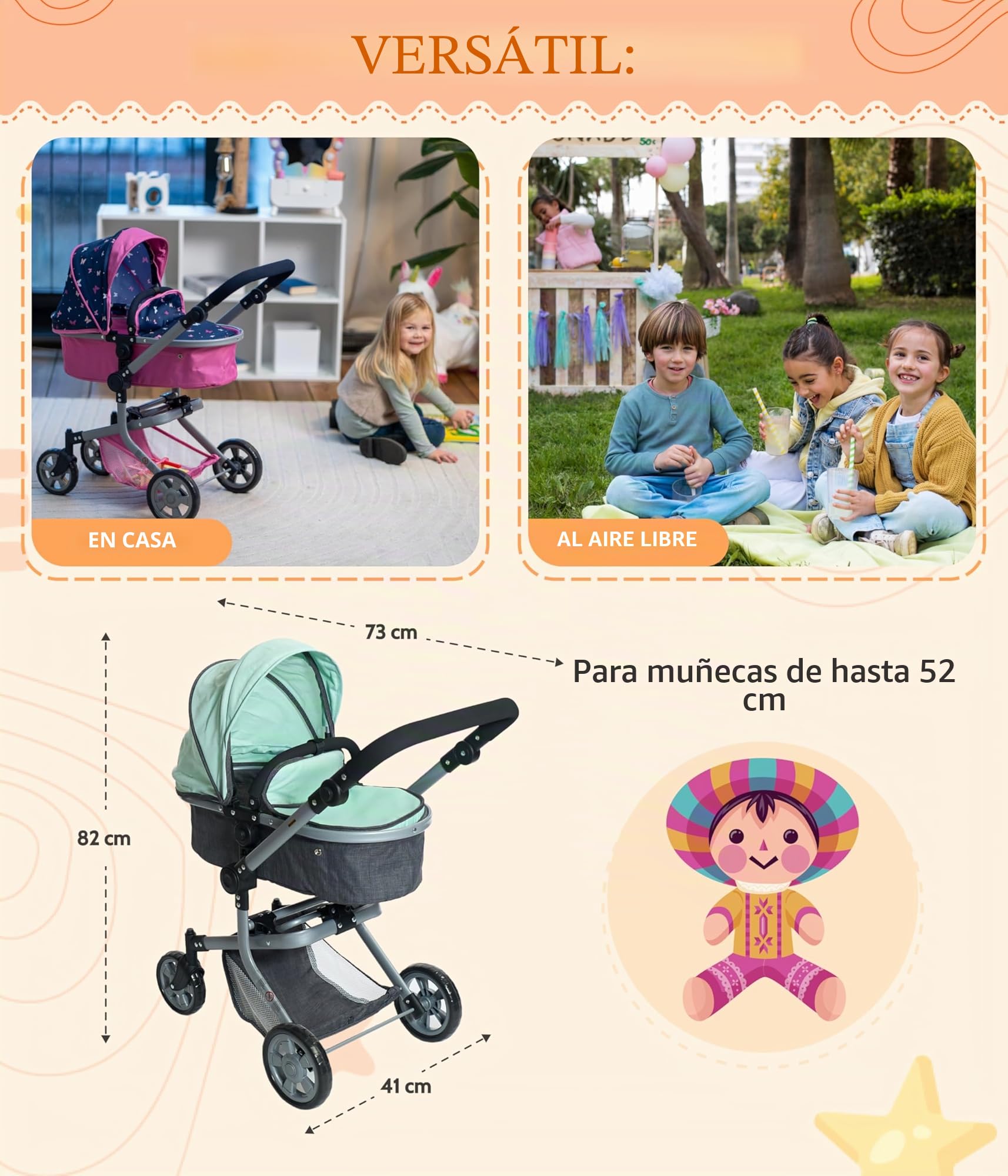 Bayer Chic 2000 Cochecito De Muñecas Mika 2 En 1 – Capazo Y Sillita Deportiva, Ajustable Y Plegable, Para Muñecas De Hasta 52 Cm, Color Menta
