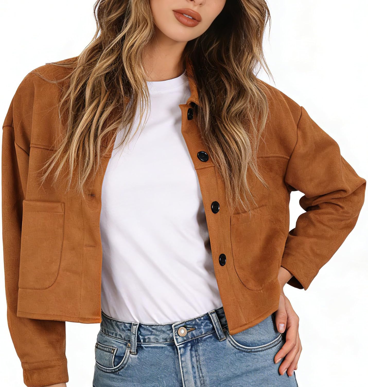LEACOOLKEY Women's Faux Suede Cropped Jacket Casual Lightweight Coat Fall Winter Fashion Outerwear