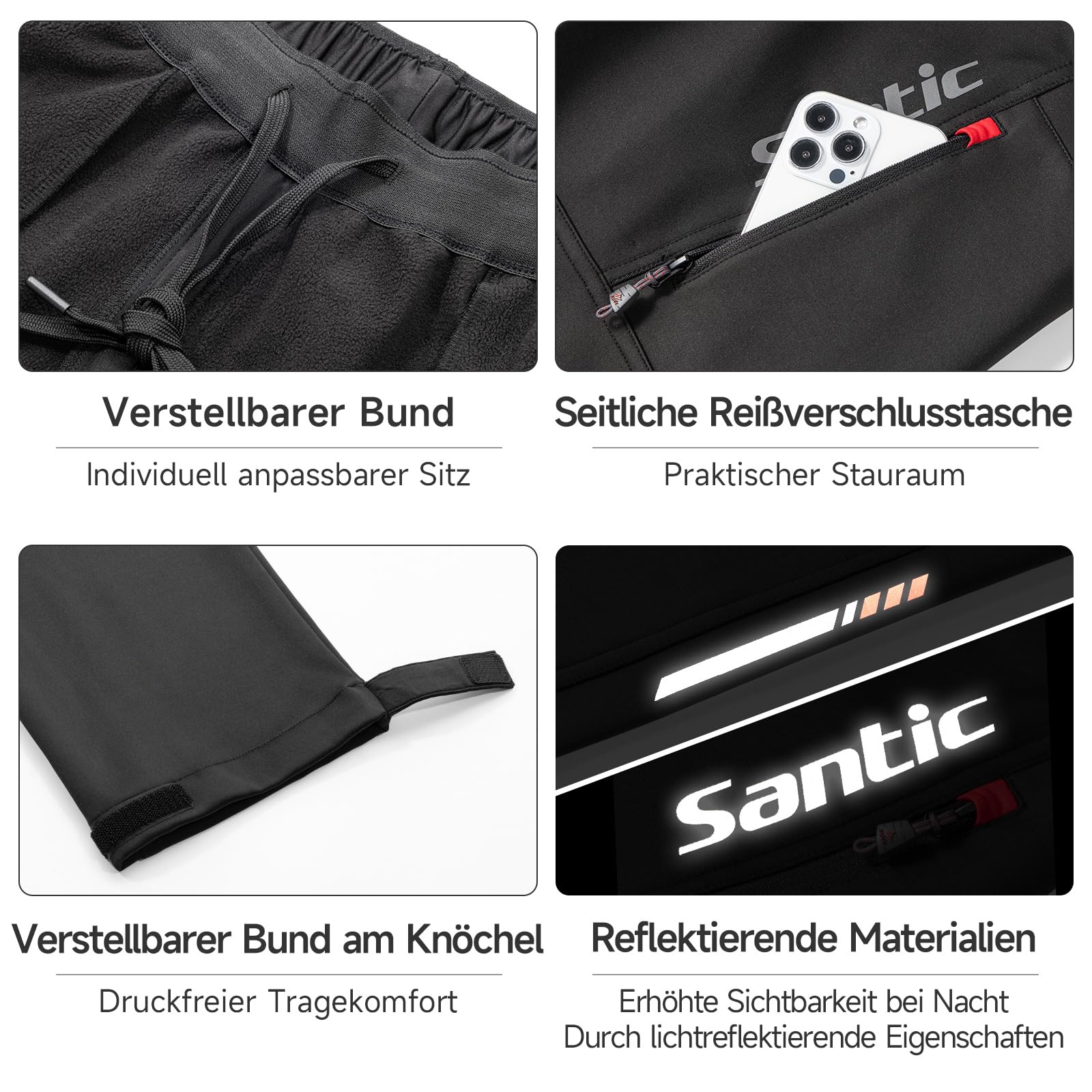 Santic Herren Fahrradhose Lang Radlerhose Atmungsaktiv Thermo Fleece MTB Hosen Winter Verdickte Laufhose Sporthose für Outdoor Radfahren