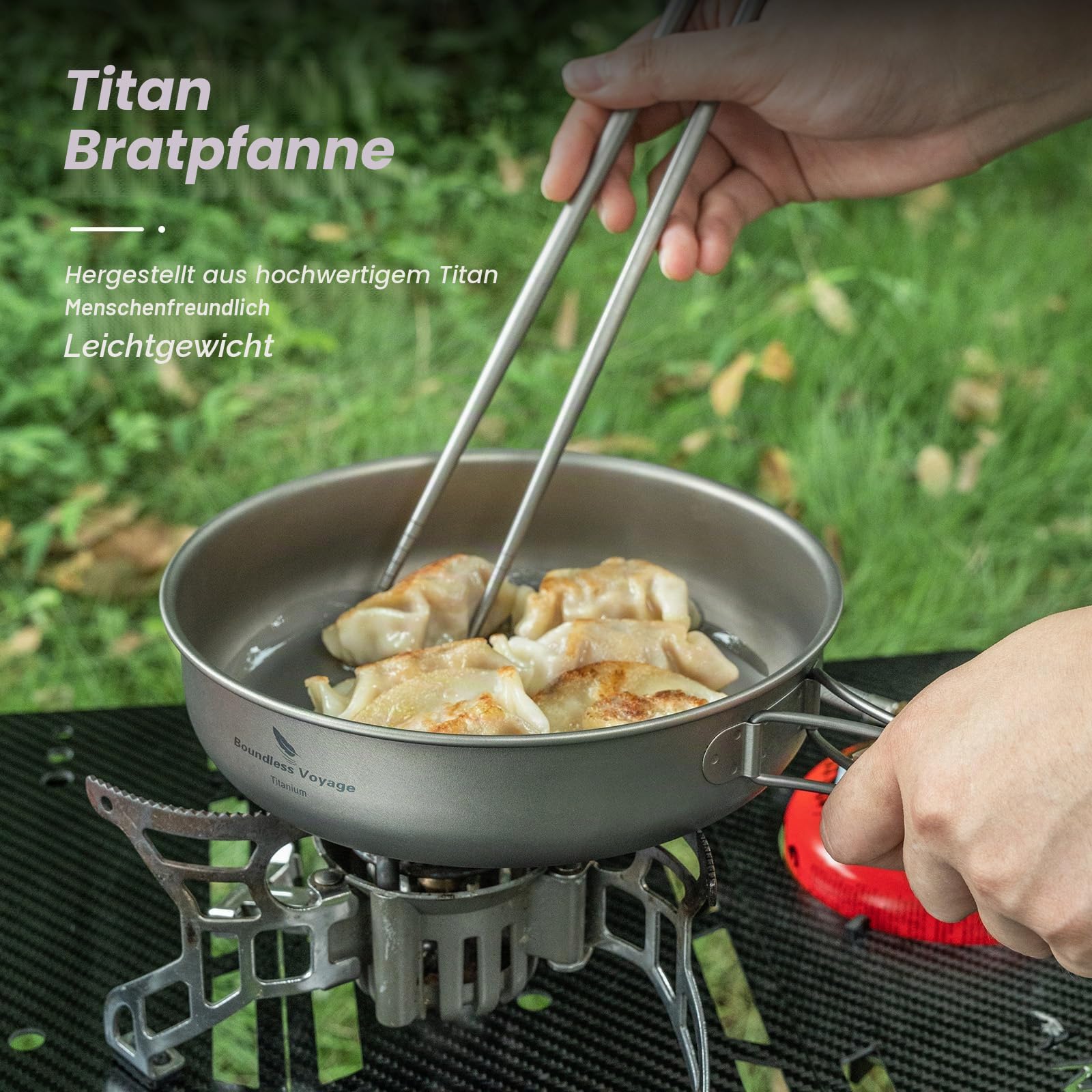 iBasingo Titan Pfanne Camping Bratpfanne 18 cm Frying Pan mit Klappgriff Ultraleichte 1 Person Reise Kochgeschirr Dish Picknick Tragbar Plate Skillet Cooking Kit für Outdoor Wander Rucksäcke Ti2063C