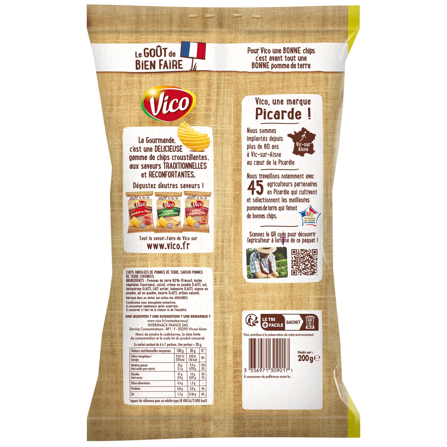 VICO Chips La Gourmande L'Original, Coupe Paysanne Ondulée avec Touche de Crème, Sans Huile de Palme, Sans Conservateur, 200 g - Lot de 6