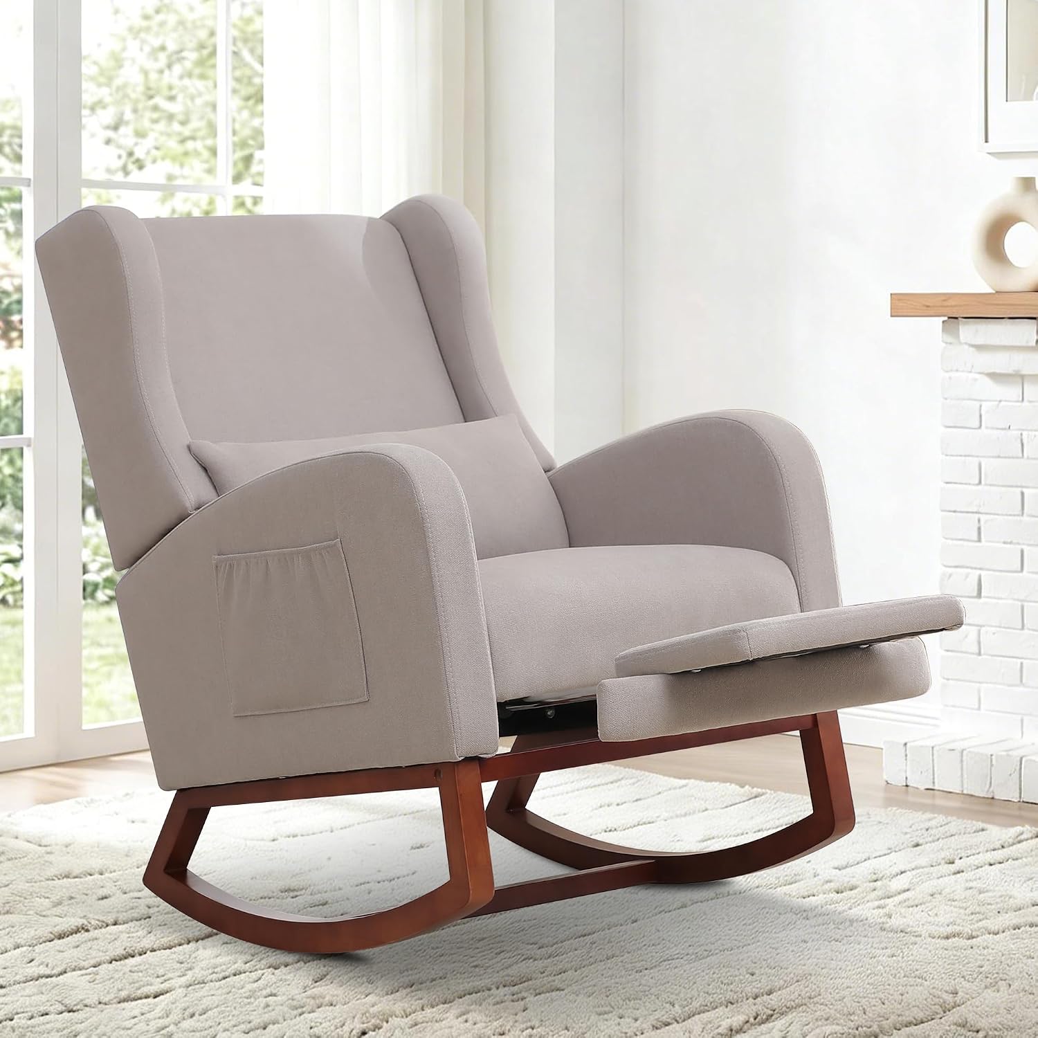 Nursery Rocking Chair,Rocking Chair with Foot Rest,Nursery Rocker Comfy Glider Nursing Chair with Back Pillow for Living Room,Bedroom,Light Grey