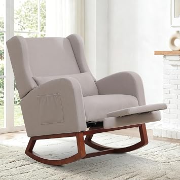 Nursery Rocking Chair,Rocking Chair with Foot Rest,Nursery Rocker Comfy Glider Nursing Chair with Back Pillow for Living Room,Bedroom,Linen Light Grey
