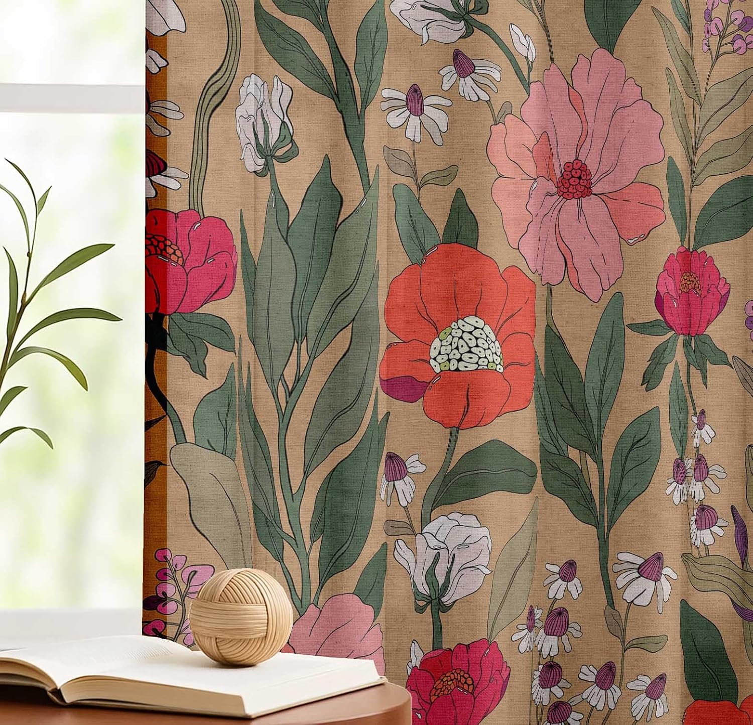 Cotton Curtains for Windows - 3-in-1 Rod Pocket/Back Tab Short Window Drapes - Light Filtering Cotton Canvas Panels - Set of 2, 52"x63" - Floral Print (Beige)