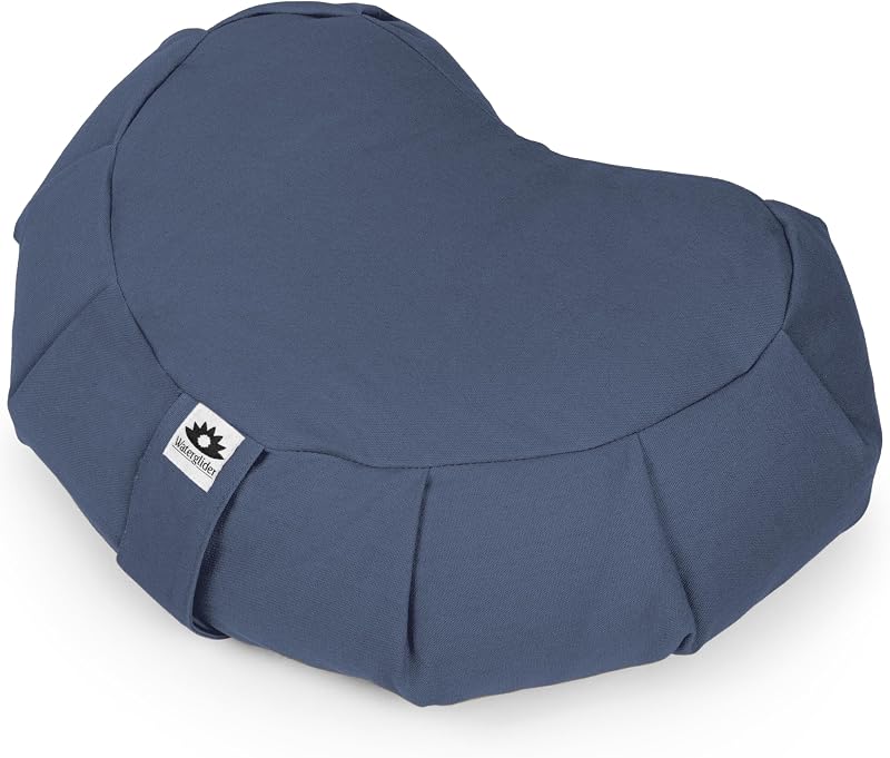 Cojín de meditación (índigo) Media luna, relleno de cáscara de trigo sarraceno, almohada o cojines de suelo, asiento de yoga, Zafu, fabricado en los EE. UU.