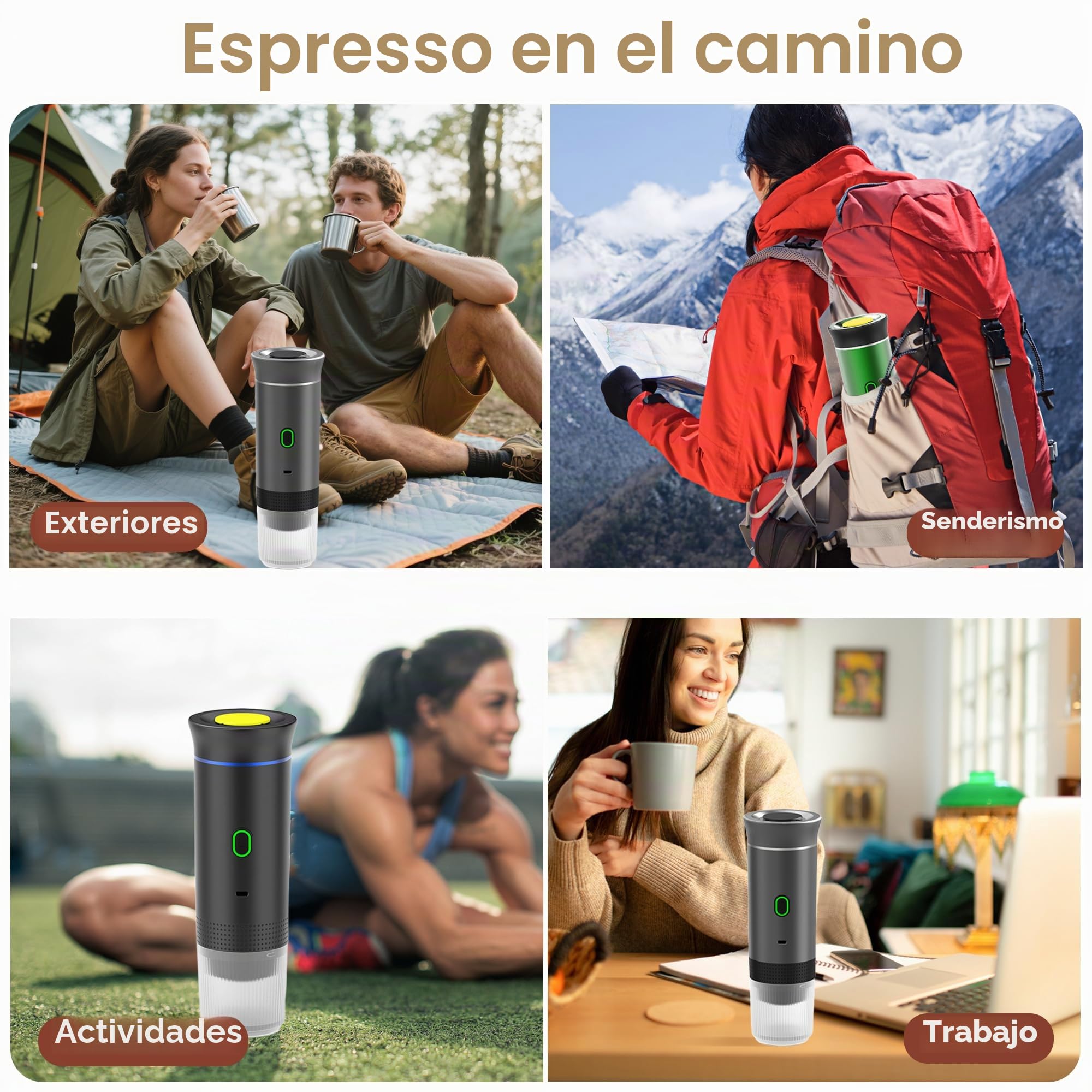 Cafetera Portátil 3 en 1, Máquina de Café Expresso con Soporte y Bolsa, Batería Recargable de 7500mAh, Compatible con Cápsulas y Café Molido, Para Viaje, Camping, Coche, Oficina (Blanco)