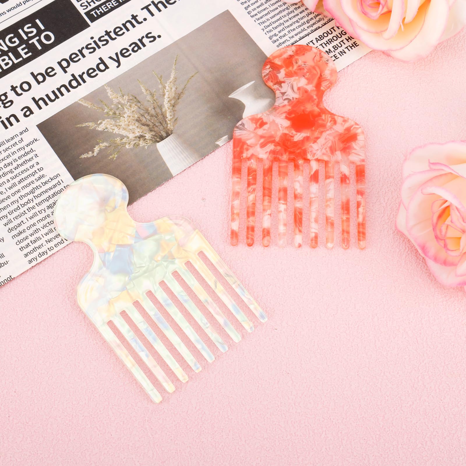 2pcs Wide Tooth Hair Pick Comb for Curly Hair 4.72in Smooth Detangling Lifting Comb Volumizing Styling Tool for Women Men Thick Long Hairs Reducing Knots (Pink - Image 3
