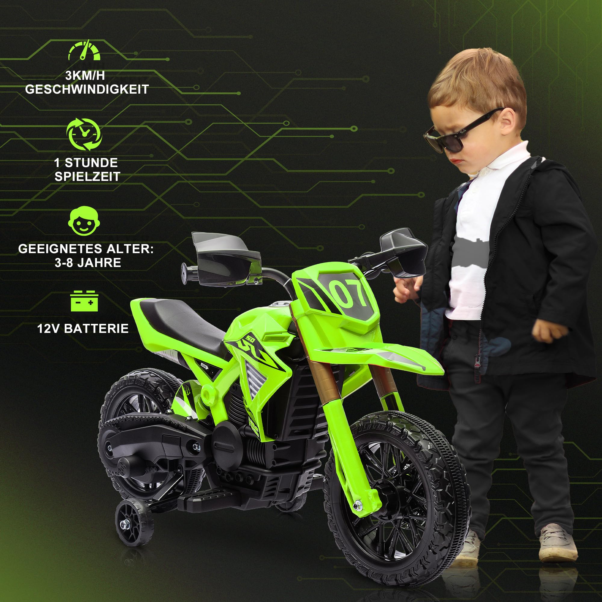 AIYAPLAY Elektro Kindermotorrad mit Hupe 3 km/h für Kinder 3-8 Jahre Grün | Elektromotorrad, Kinder Elektro Motorrad, mit 2 Stützrädern