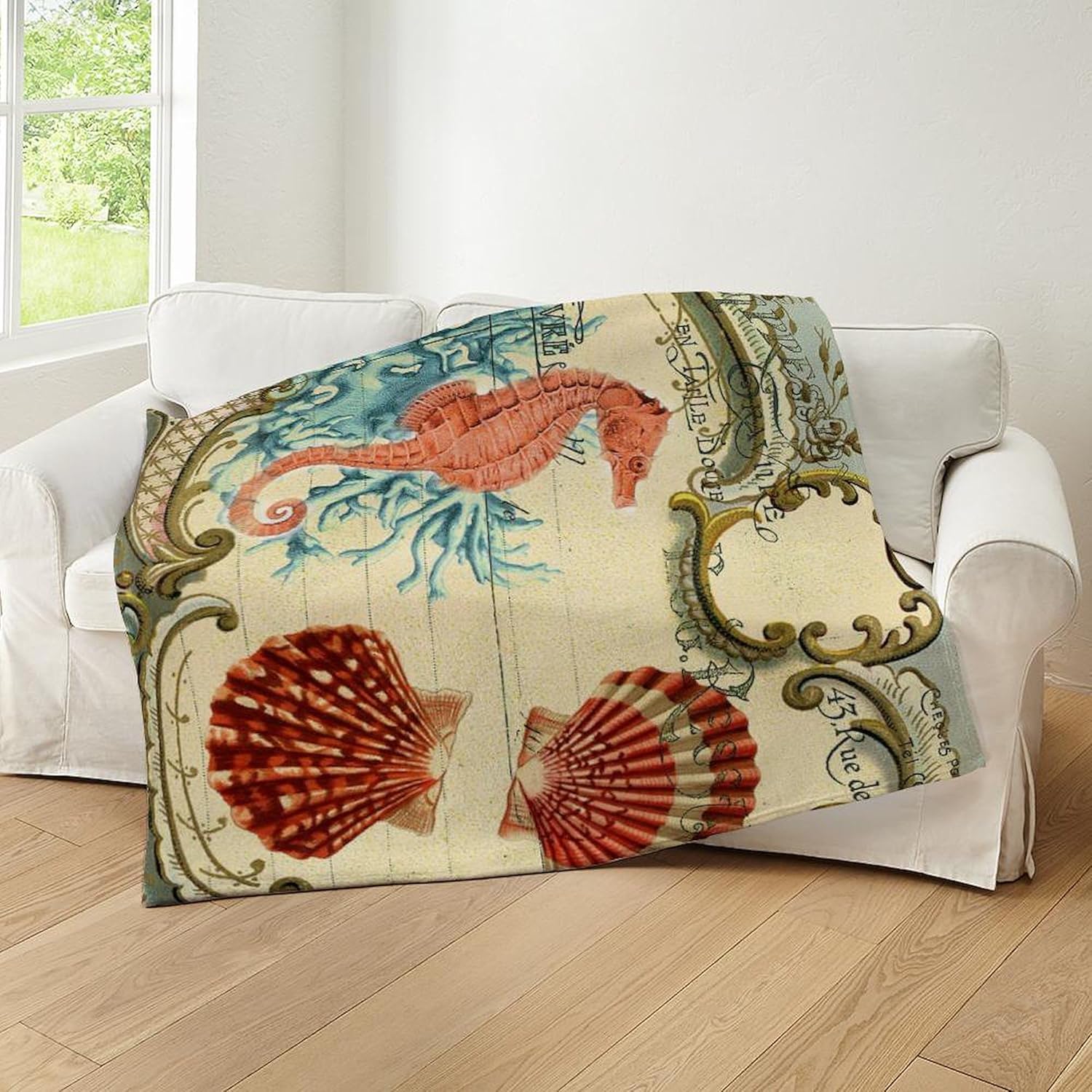 CafePress Chic Seahorse Seashells Nautical Bea Throw Blanket Super Soft Fleece Plush Throw Blanket, 60"x50"