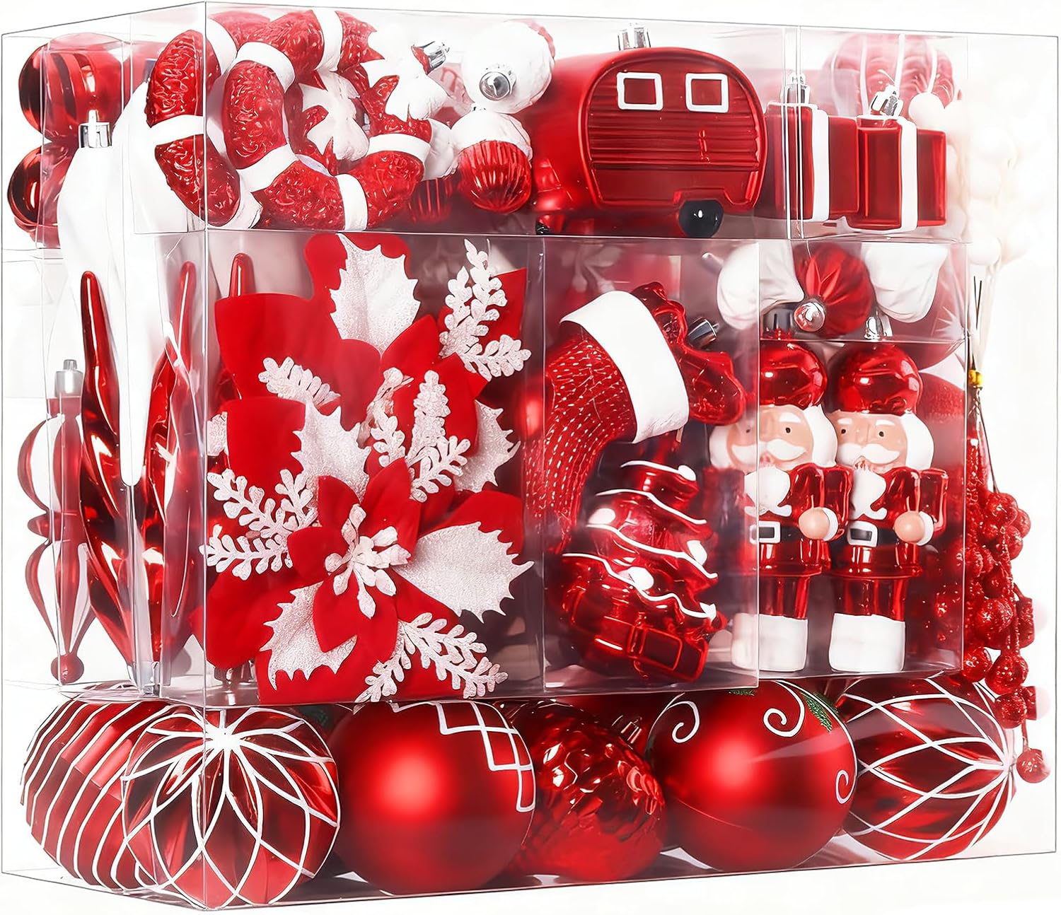 SHareconn 135pcs Christmas Balls Ornaments Set, Shatterproof Plastic Baubles, Ribbon and Tree Topper for Xmas Tree Holiday Wedding Party Decorations with Hanging Strings, Red and White