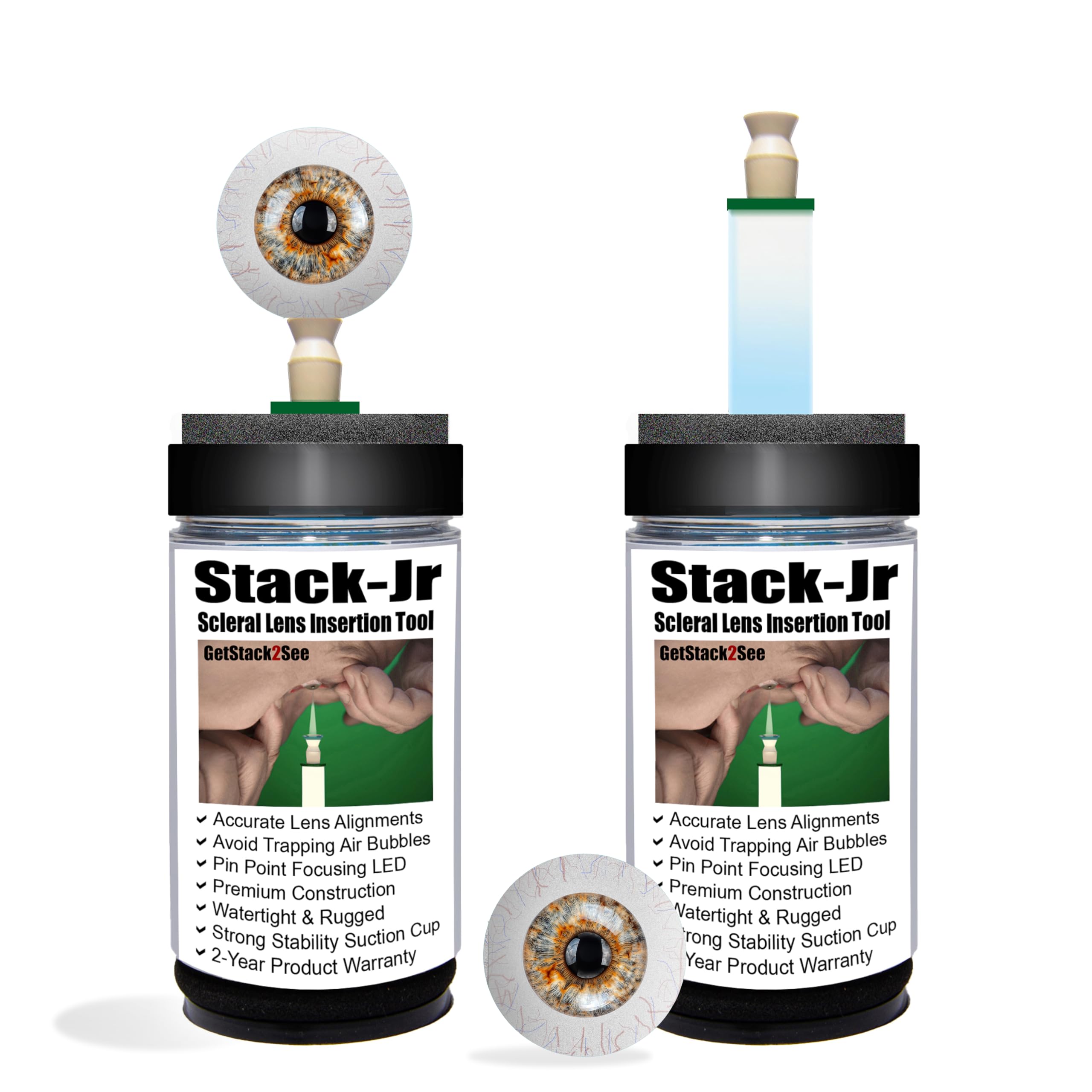 Stack Jr La innovadora herramienta de inserción de lentes esclerales con dos manos libres que evita desalineaciones, burbujas de aire atrapadas y pérdida de tiempo, al tiempo que reduce la frustración y la ansiedad.