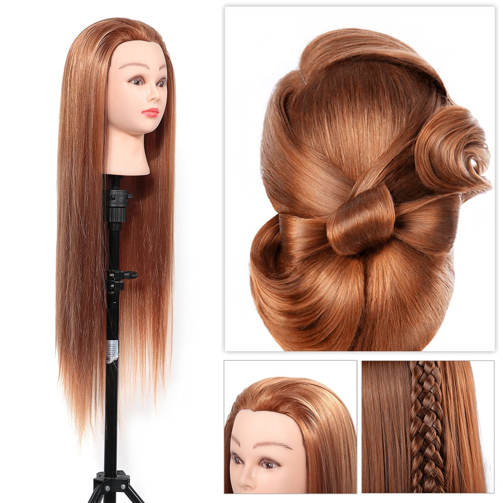 Cabeza de Maniquí de Peluquería, Cabello Castaño, Fibra Sintética, Cabeza de Entrenamiento de Cosmetología