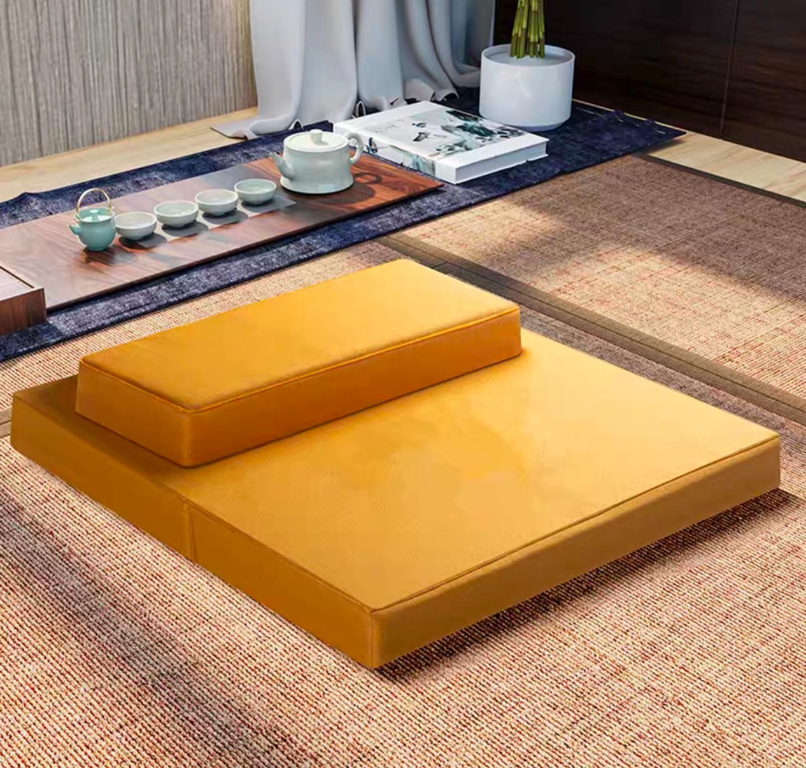 Grand coussin de méditation carré fabriqué à la main, tapis de yoga portable et pliable, coussin de sol d'extérieur en fibre de coco et lin (61 x 61 cm, jaune)