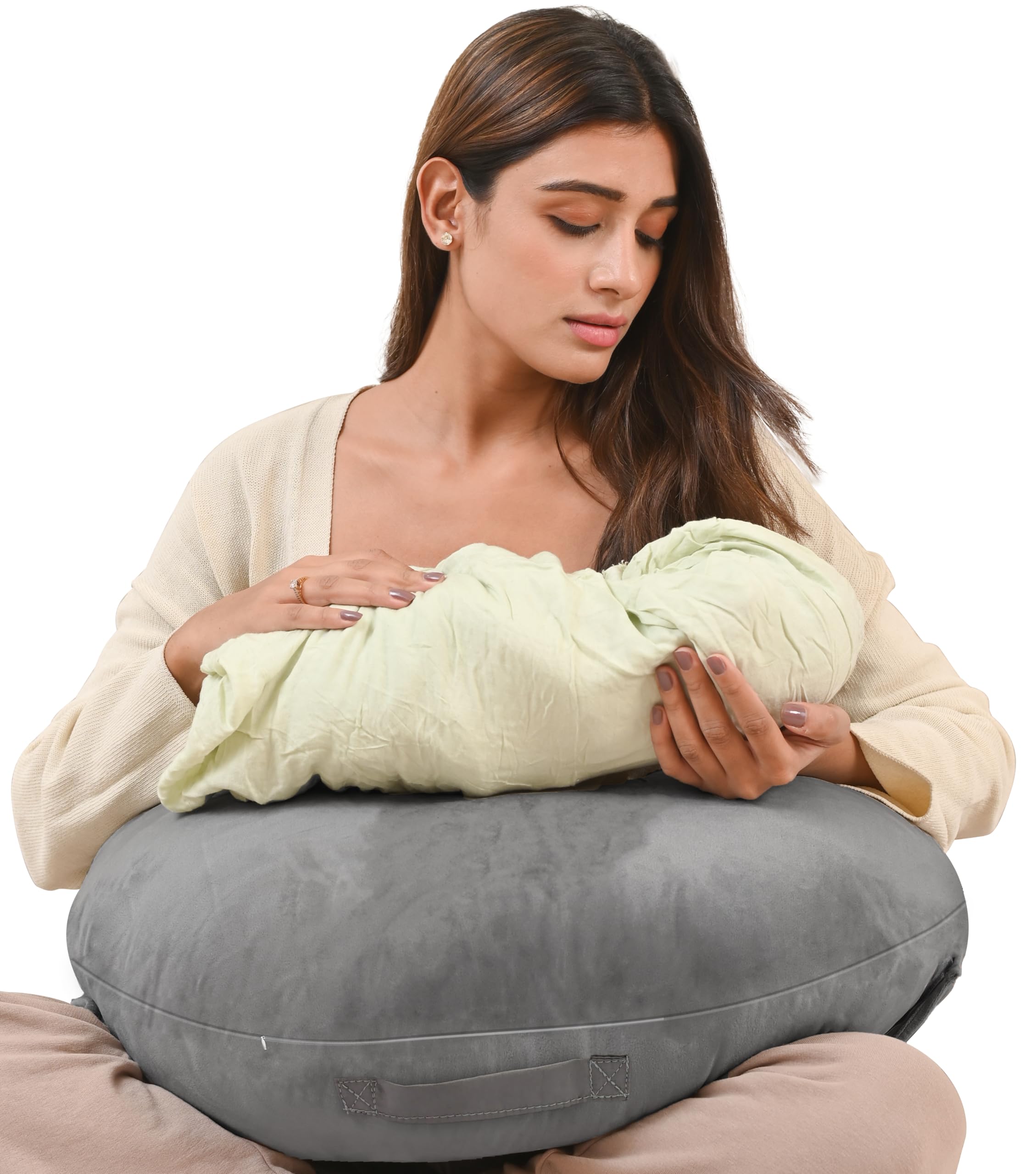 Cherilo Feeding Pillow for New Born Baby | Nursing, Bottle Feeding & Breast Feeding Pillow | Baby Support Pillows with Adjustable Waist Strap | Premium Soft Velvet Fabric – Grey