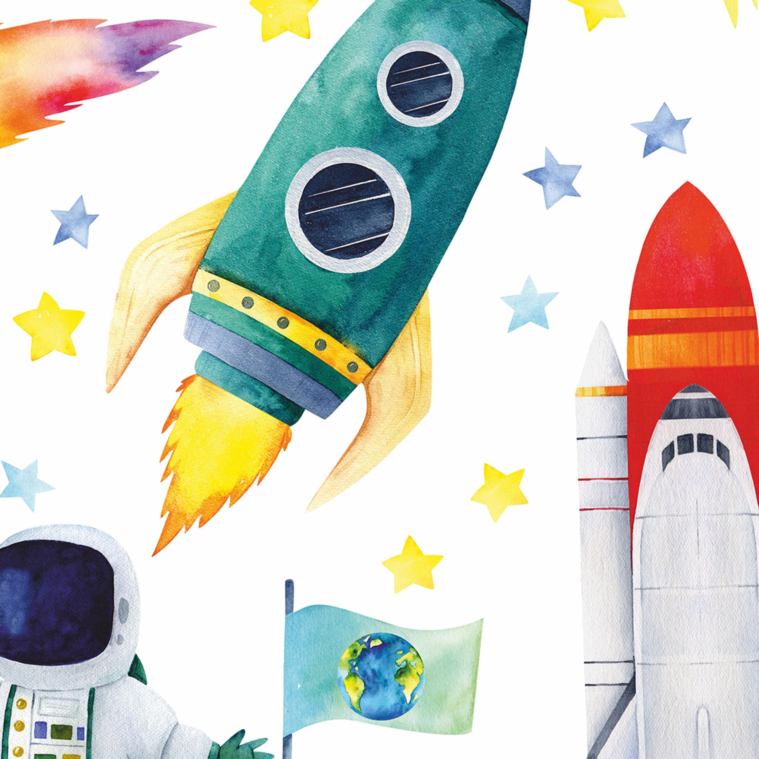 Adesivo da parete ad acquerello, spaziale, razzi, cosmonauti, peeling e incollaggio, spazi, camera da letto, sala giochi (XXL)