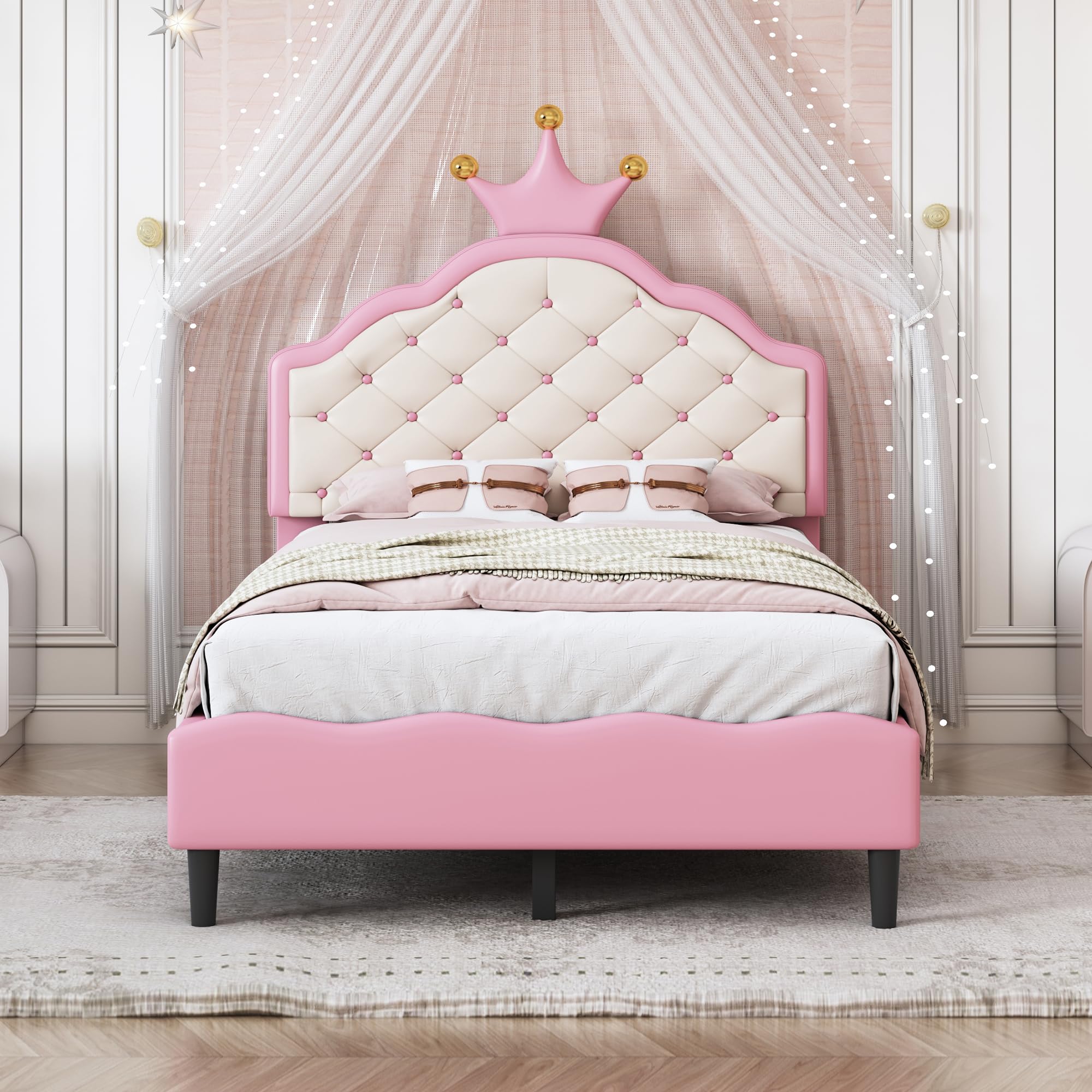 Merax Twin Size Lovely Crown Fantasy PU Leather Princess Bed with Tufted Headboard, Pink+Cream