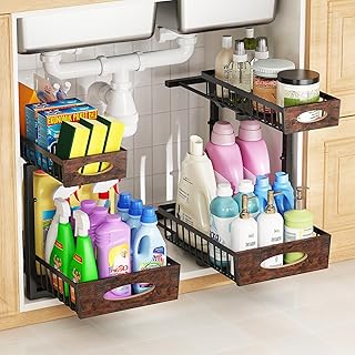 2-Tier Under Sink Organizer with Wooden Drawer Handle, 2 Pack Adjustable Height Pull Out Cabinet Organizer Shelf,Slide out Storage Drawer Rack for Kitchen Bathroom Laundry Room Pantry (Black)