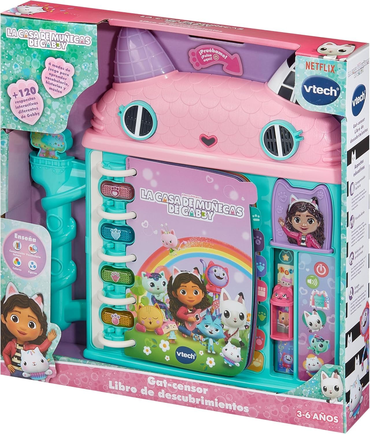 VTech - Gat-Censor Libro de Descubrimientos La Casa de Muñecas de Gabby, Juguetes Electrónicos +3 Años, 14 Páginas, Voz Original, Botones Luminosos, Ascensor y Juegos Educativos, Versión ESP