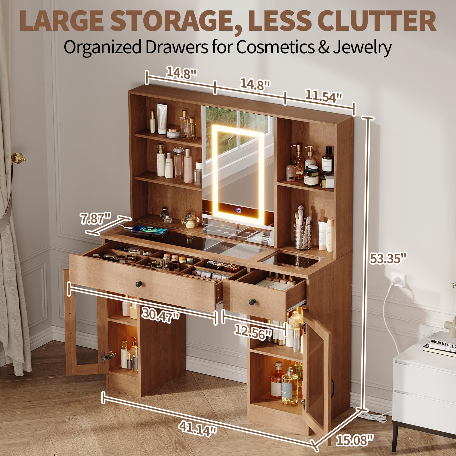 Schminktisch mit Spiegel und Beleuchtung Eleganter Schminktisch mit Schubladen & Schränken, Stauraum, robuster MDF, dimmbaren Leuchten, Steckdosen & USB-Anschlüssen (Natürlich / LED Schiebespiegel)