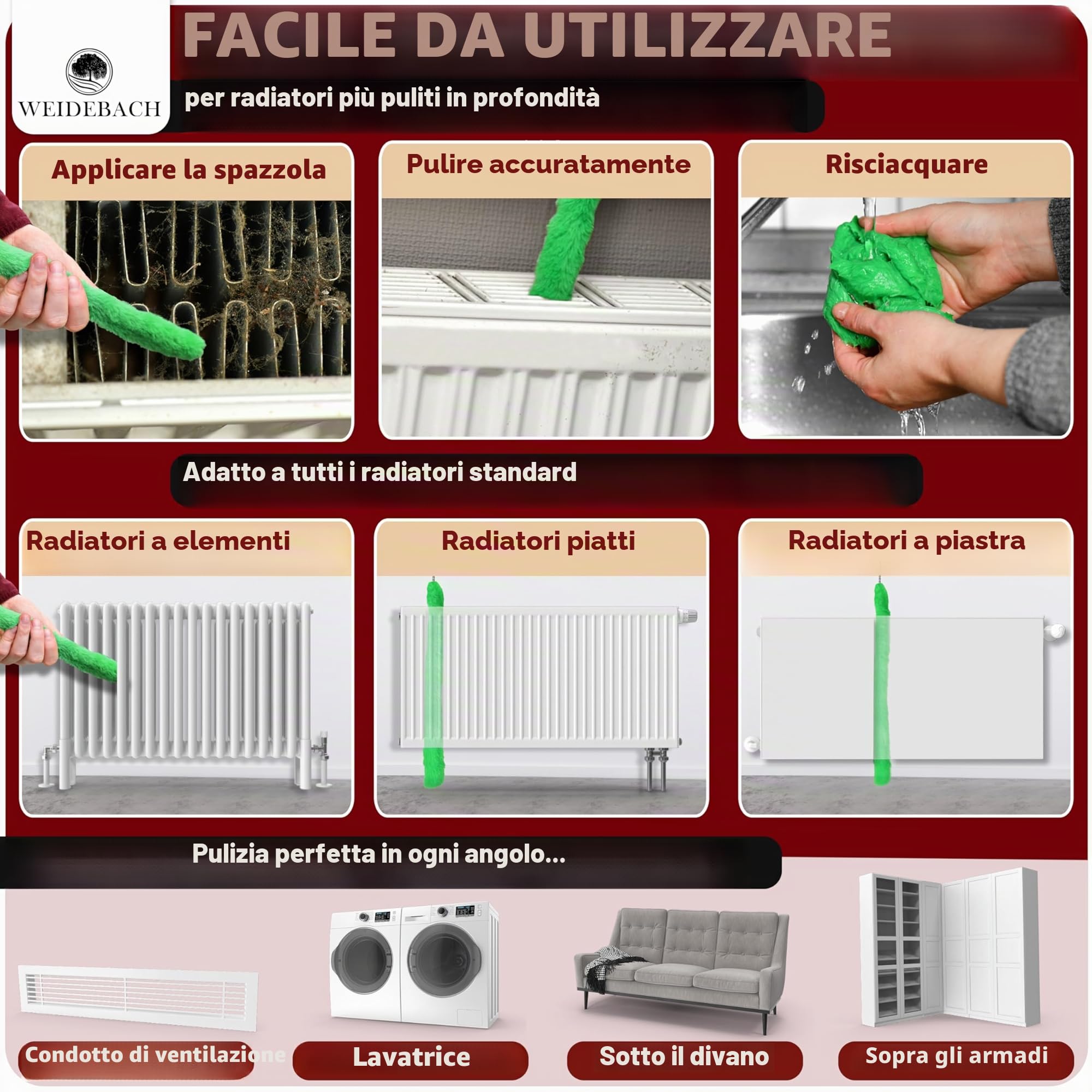 Weidebach Spazzola per radiatori V. 3.0, lunghezza totale 125 cm, spazzola in microfibra da 110 cm, per la pulizia del radiatore, senza peli di animali, spazzola per radiatori viene fornita in ogni