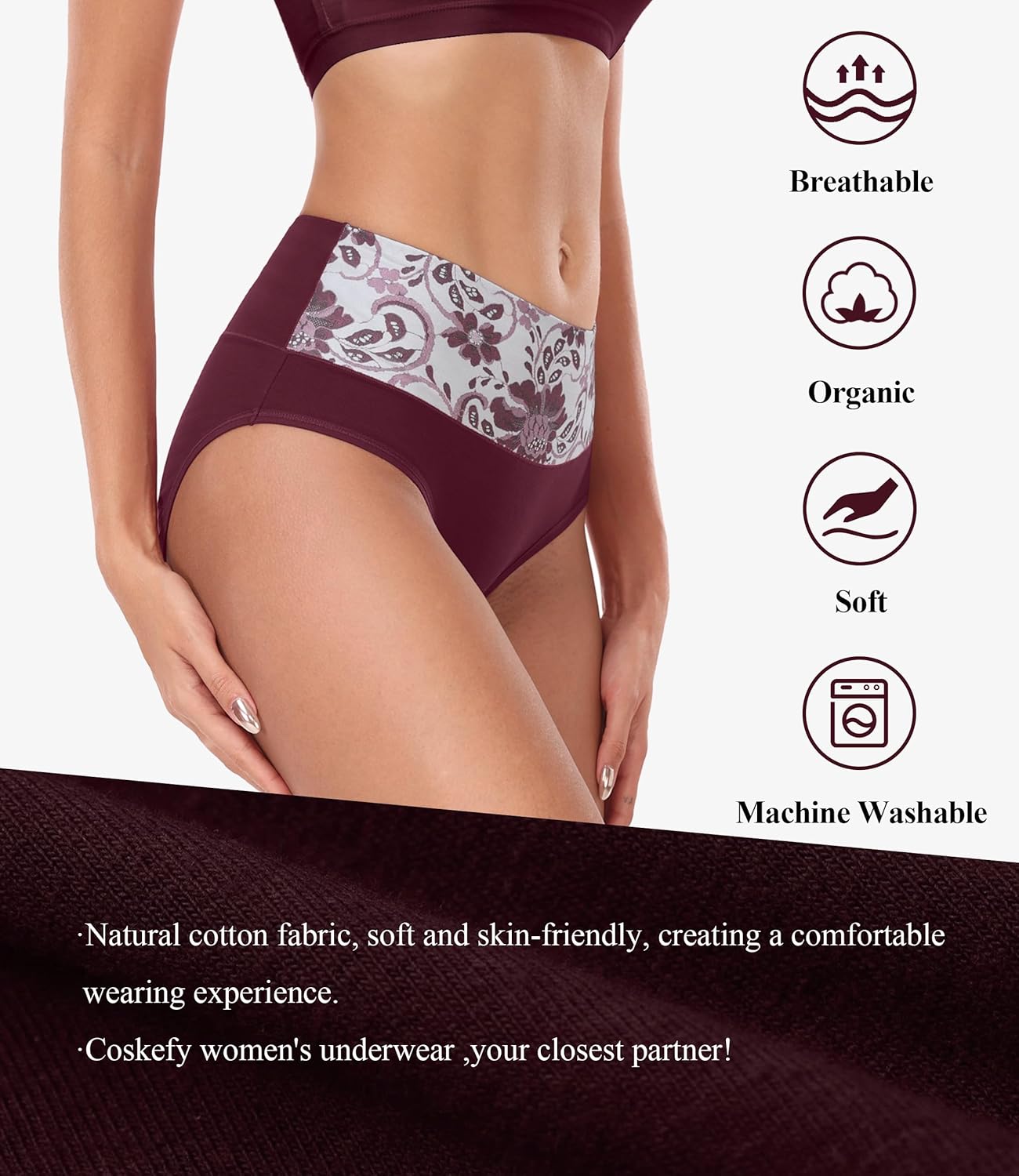 coskefy High Waist Cotton Underwear for Women Full Coverage Panties Floral Print Briefs for Ladies 5 Pack - Image 2