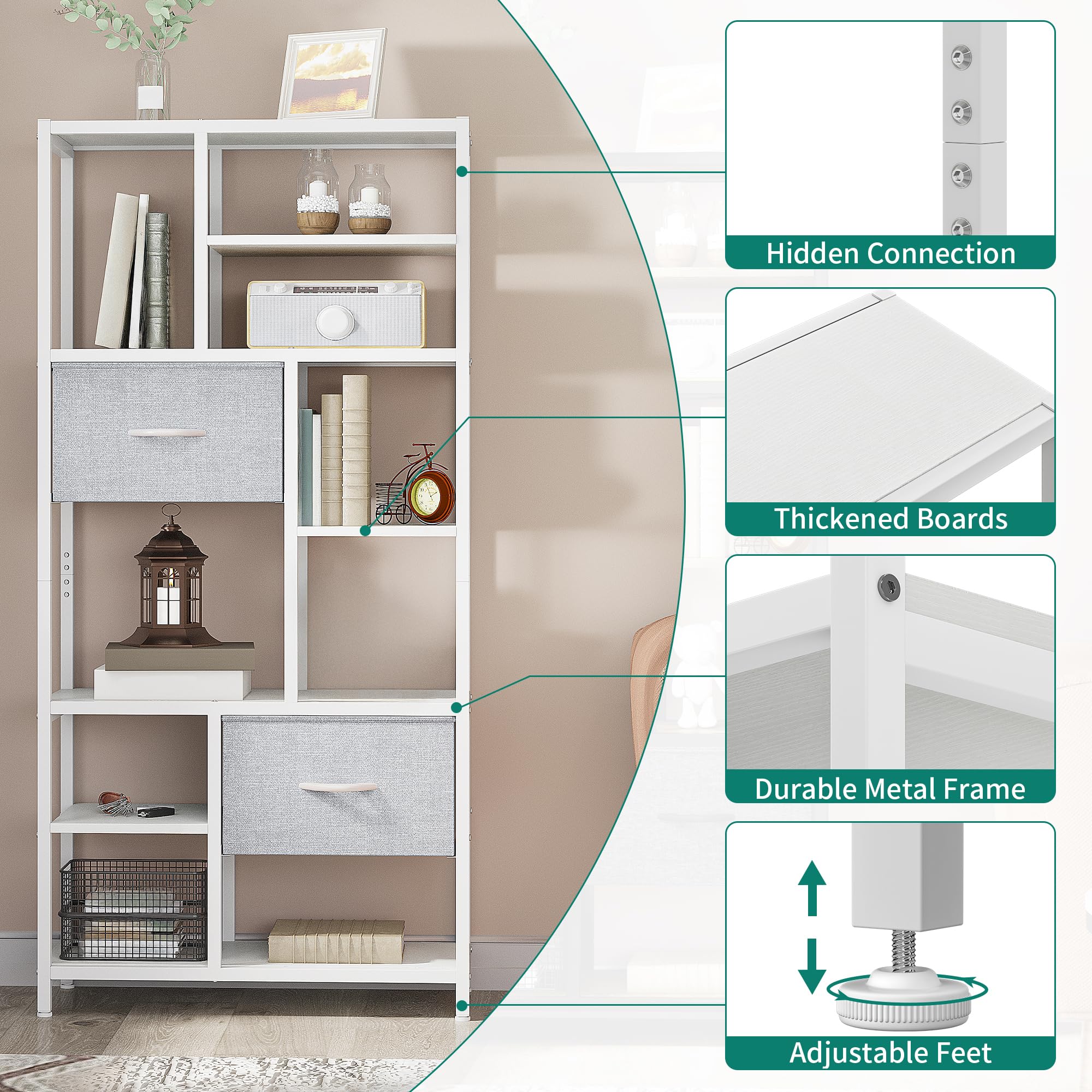 YITAHOME Estantería para Libros con 7 estantes con cajones de Piso a Techo, estantería Industrial, estantería de Acero, Adecuada para Sala de Estar, Oficina, Estudio, Pasillo, Cocina, Blanco