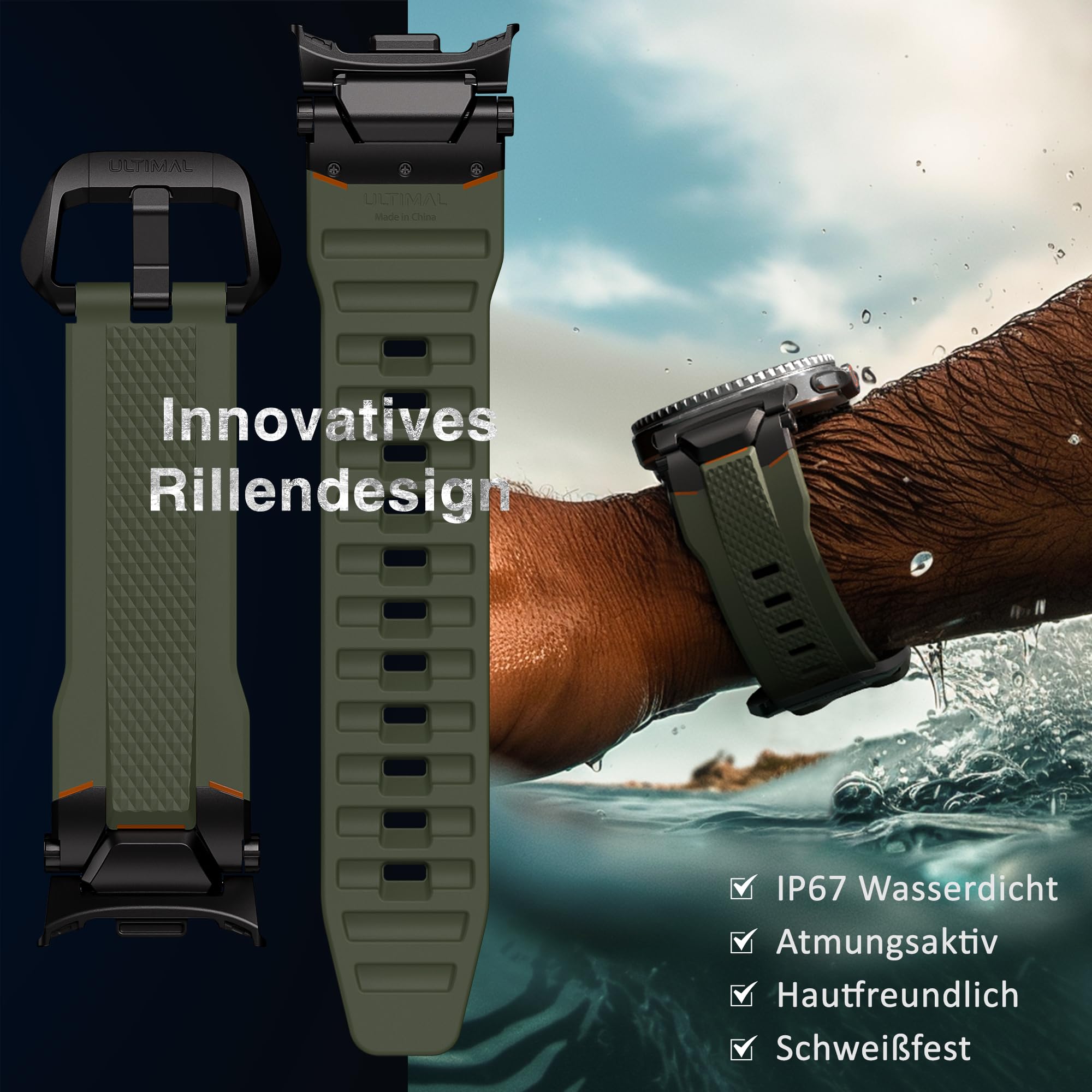 ULTIMAL Bracelet compatible avec Samsung Galaxy Watch 9/8 40 mm/44 mm, 8 Classic 46 mm, bracelet de sport robuste en TPU et métal de qualité supérieure pour homme (vert armée + noir)