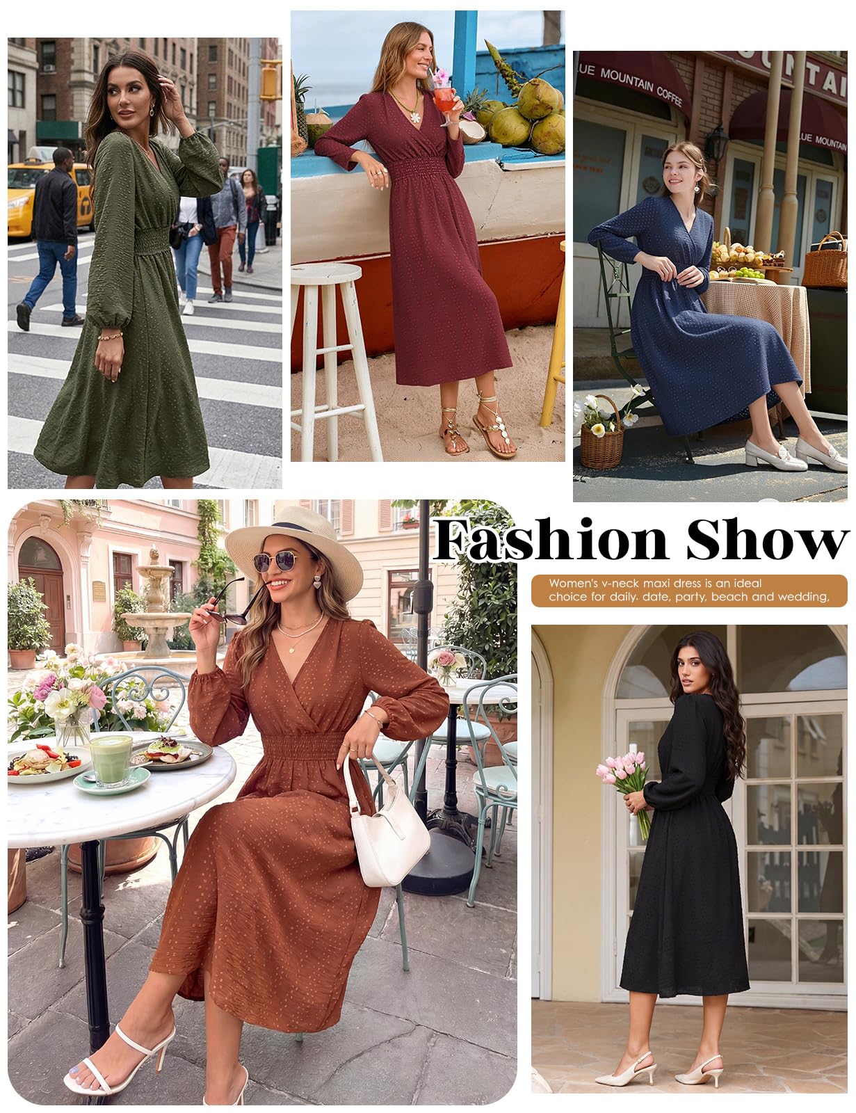Robe Longue Femme Élégante Manches Longues | Col en V,Manches Lanterne,Taille Haute,Taille Élastique,Détail Pompons,Printemps,Automne,Hiver,Wrap,Bureau,Vacances